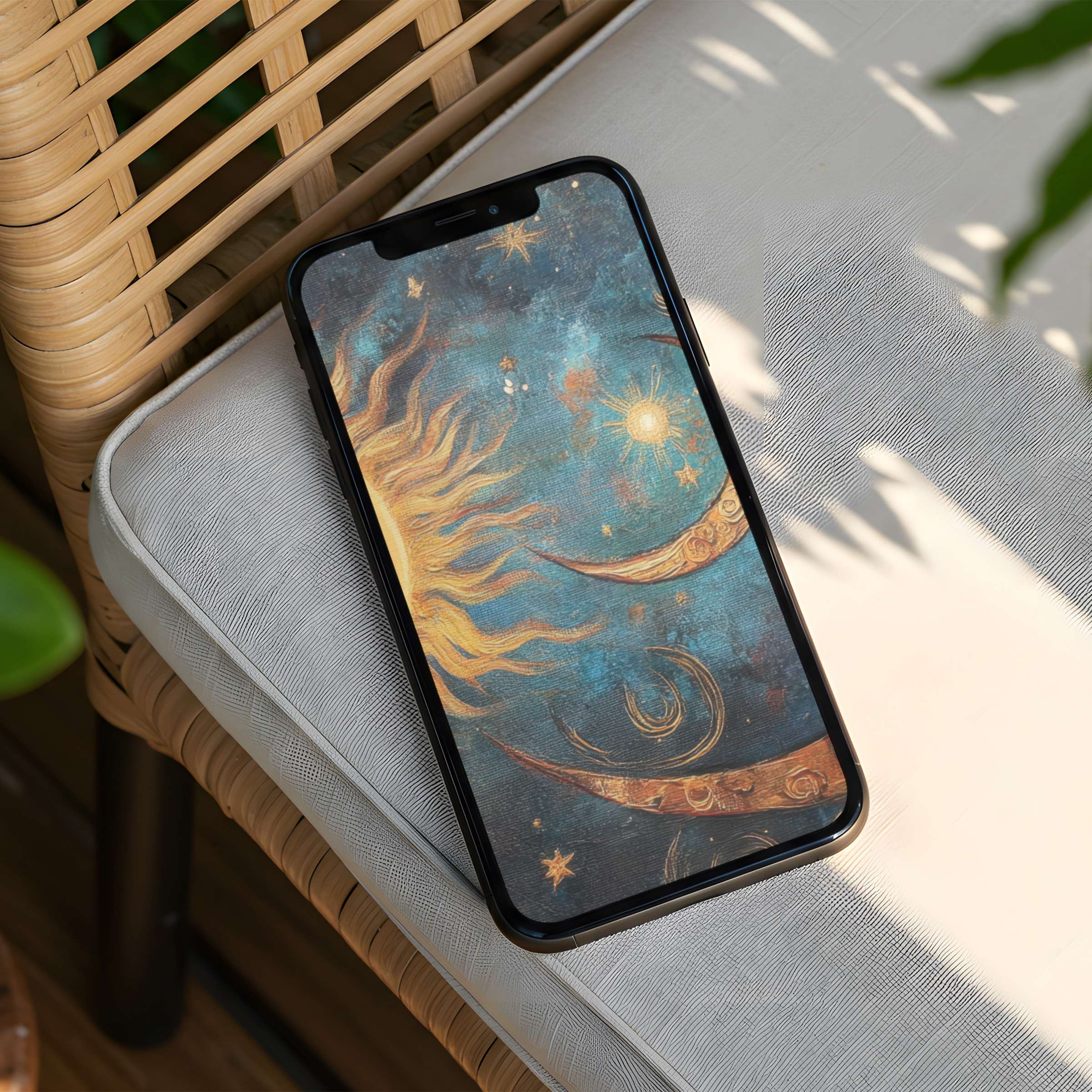 Serene celestial iPhone background with sun and moon in earthy tones inspiring calm and elegance instant download for phone users