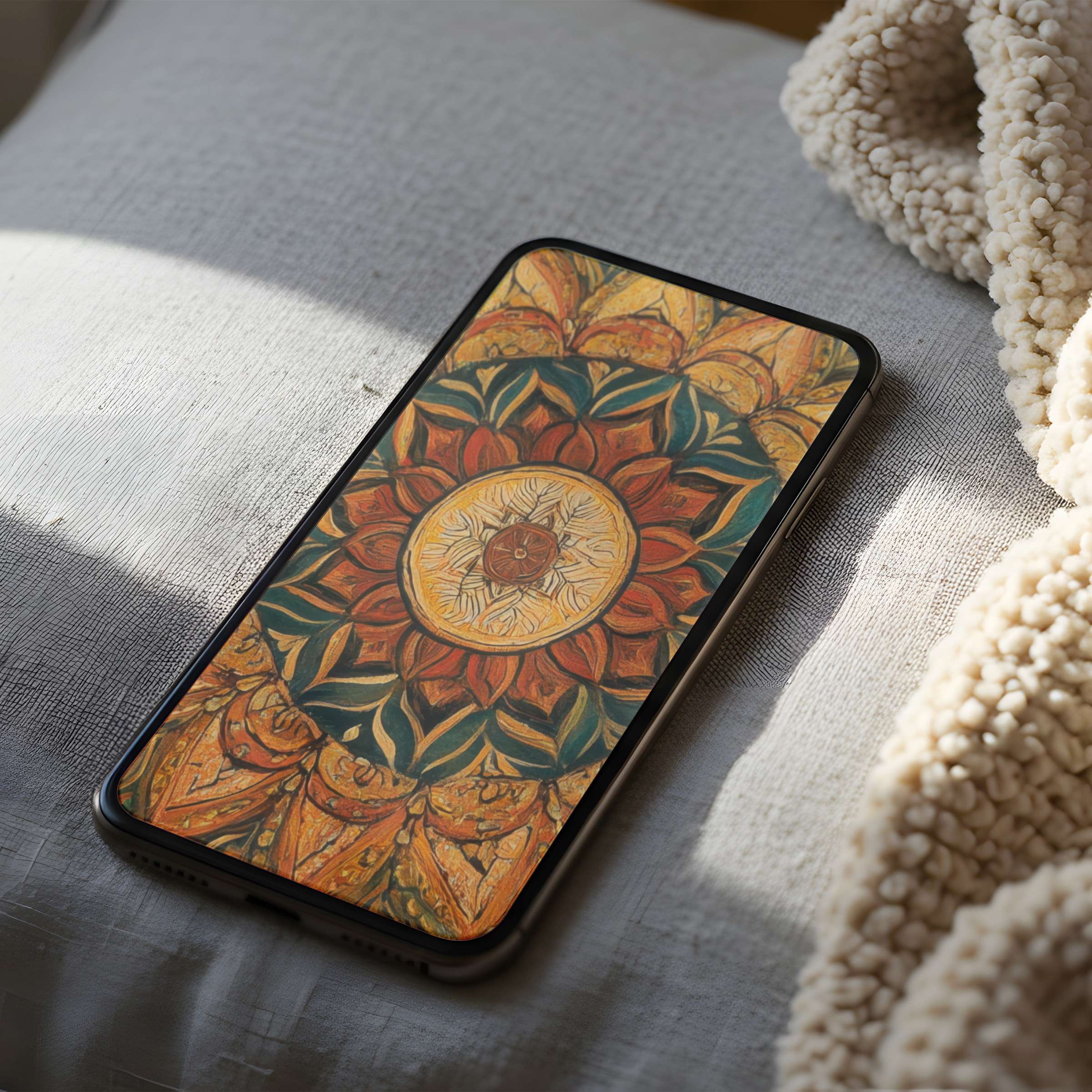 Elegant, mandala-inspired phone wallpaper with warm tones on an iPhone offers serenity, high resolution, and easy digital download