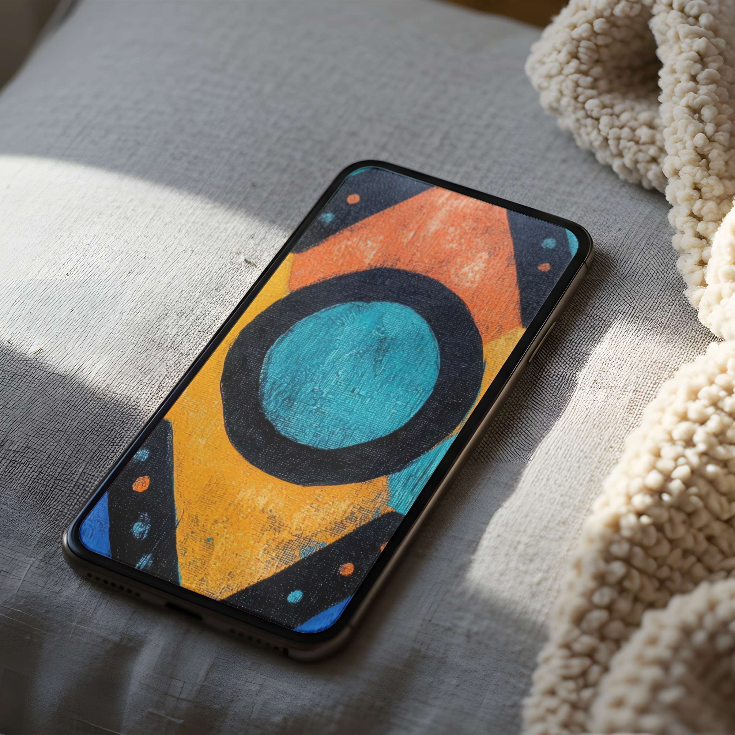 Abstract phone wallpaper with vibrant orange and teal geometric design offers calming aesthetics for iPhone or Android digital download
