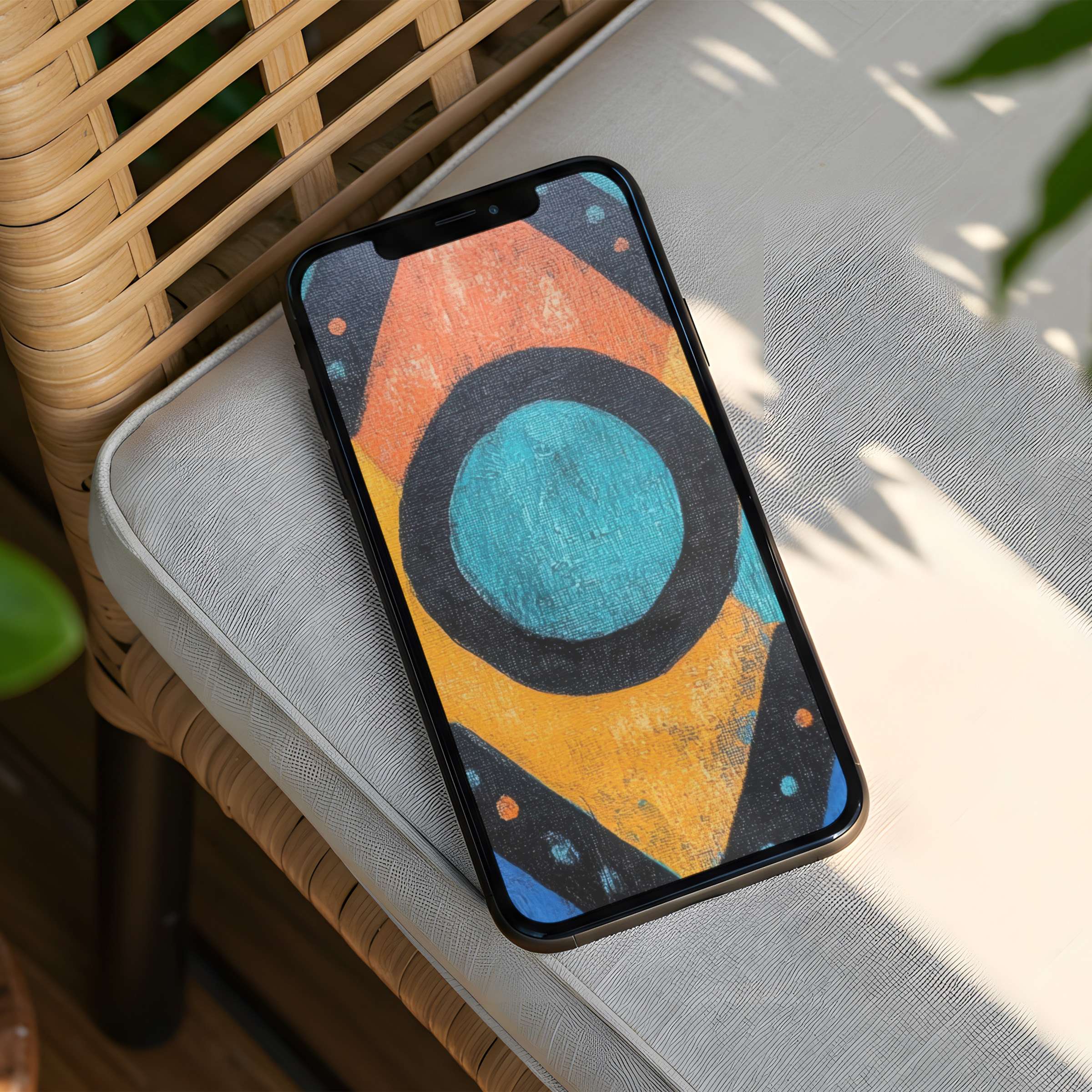 Abstract geometric iPhone background with calming blue and orange tones for instant download elevates phone aesthetics and mindfulness