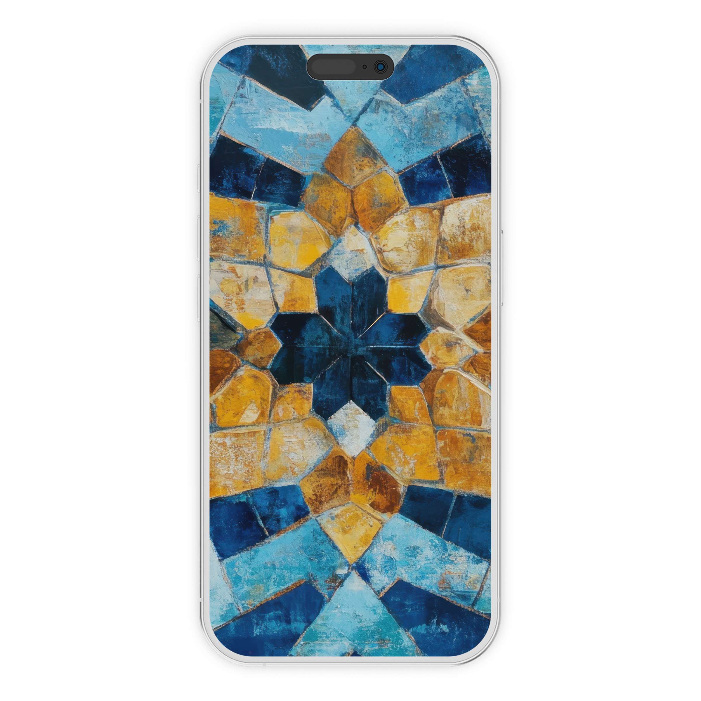 Boho iPhone wallpaper featuring vibrant blue and gold geometric mosaic for a serene phone background digital download enhances style