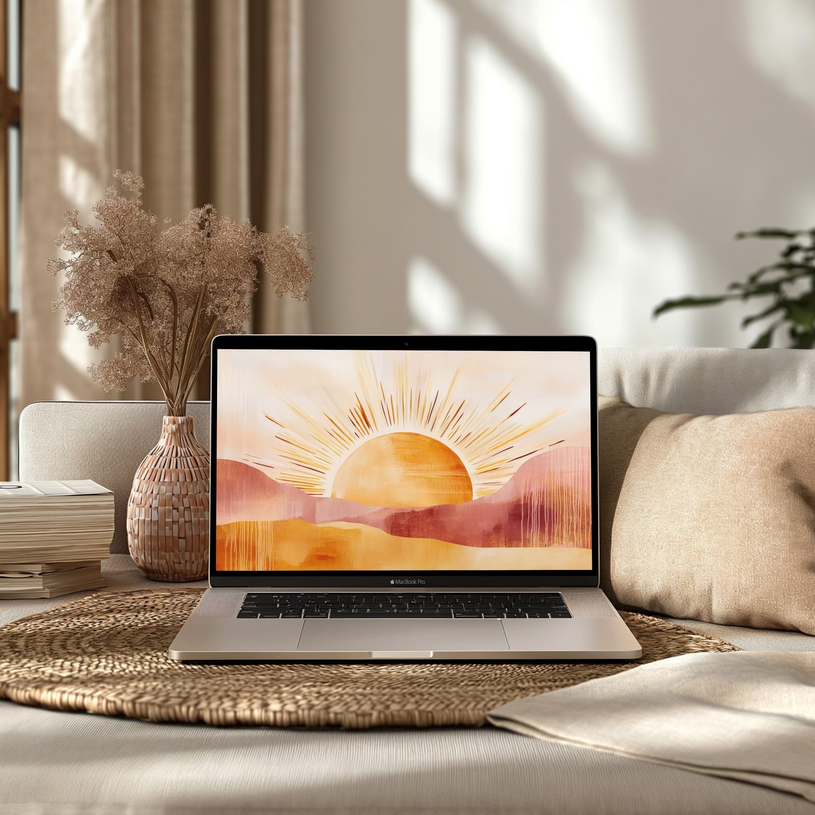 Boho desktop wallpaper featuring a warm abstract sunrise over desert hills in earthy tones, displayed on a MacBook Pro in a cozy modern living room - perfect for creating a relaxed and stylish workspace.