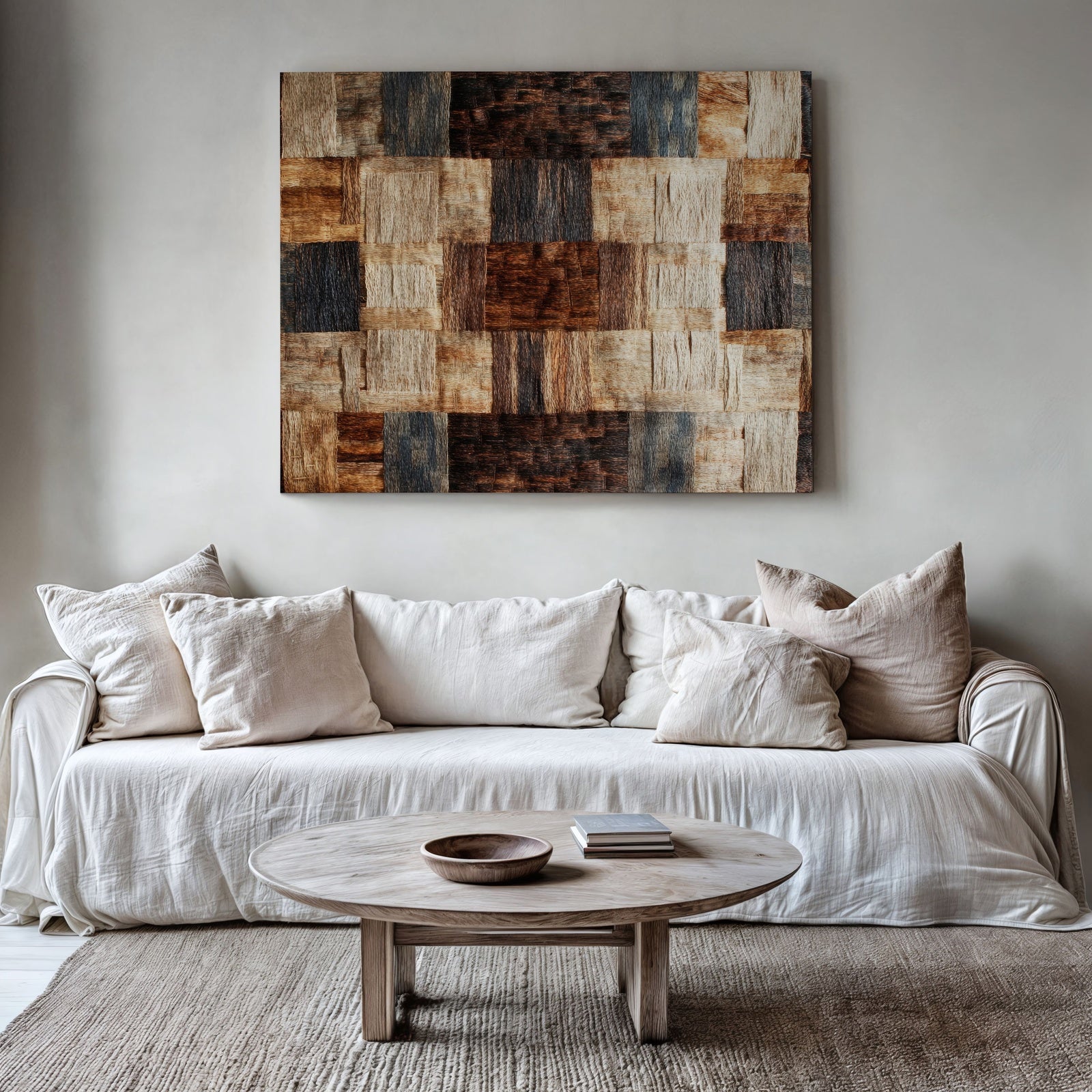 Modern boho living room with neutral tones, featuring a geometric abstract wall art print in warm brown, beige, and earthy shades above a beige sofa with soft pillows and a wooden coffee table