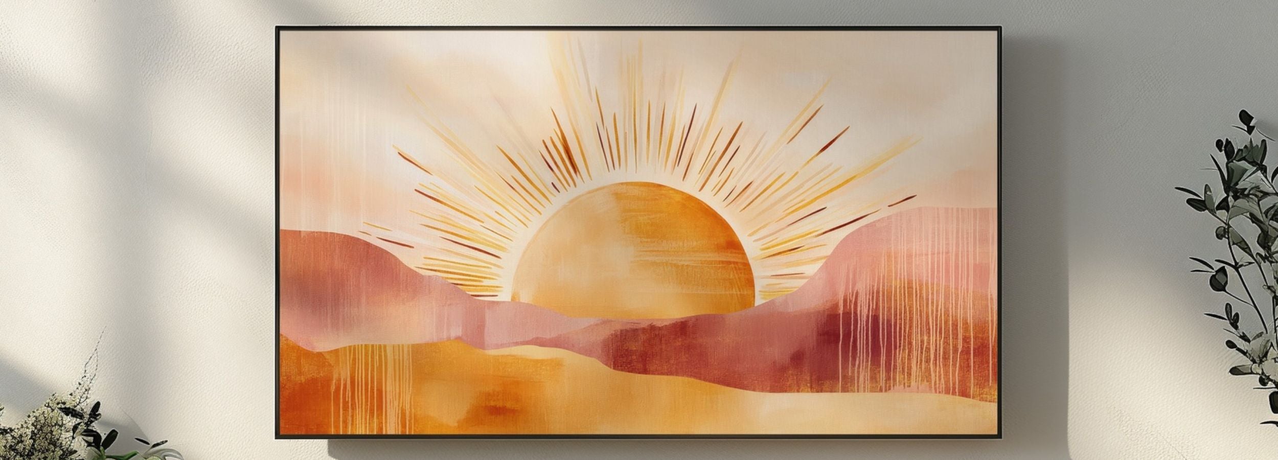 Boho sun-inspired Frame TV art with warm earthy tones, abstract sunrise landscape, cozy natural home decor style