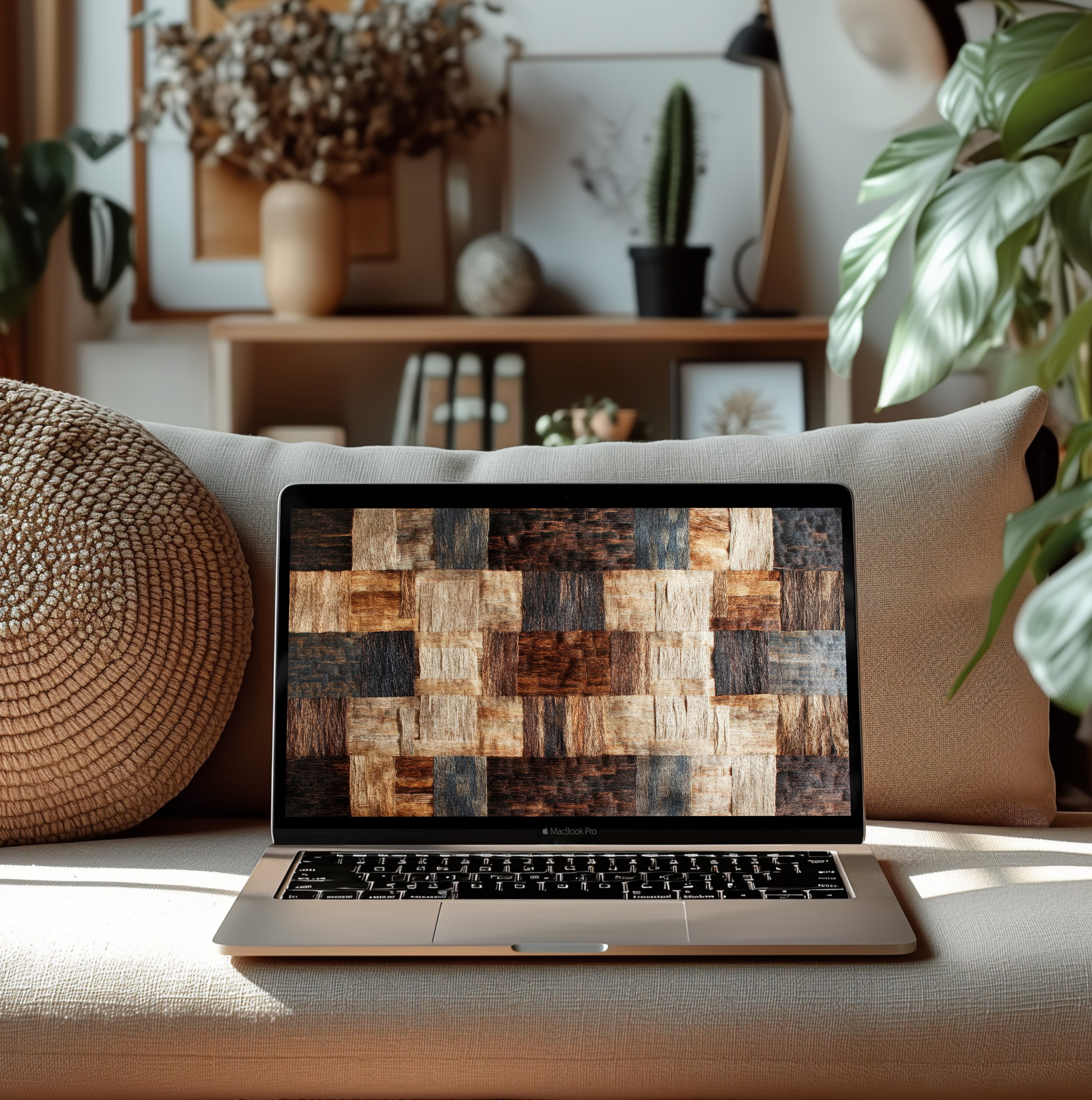 Boho desktop background featuring a vintage fan design on an iMac in a bright, cozy workspace. Warm earthy tones and artistic texture bring a sense of calm and creative inspiration - digital art by Gallery Flair