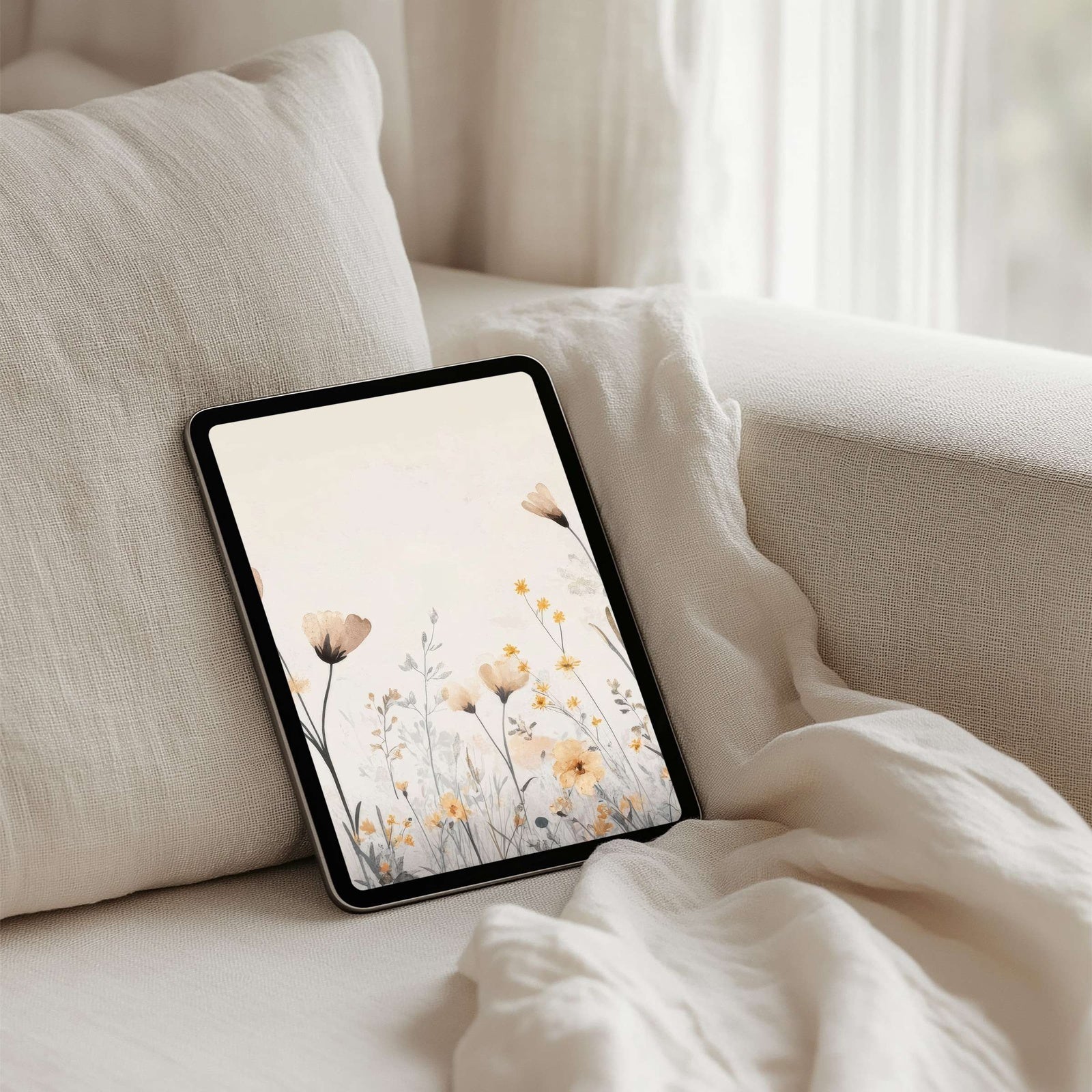 Boho iPad wallpaper with soft beige and yellow wildflowers, minimalist desert-inspired tablet background that brings warmth, natural beauty, and calm elegance to your digital space