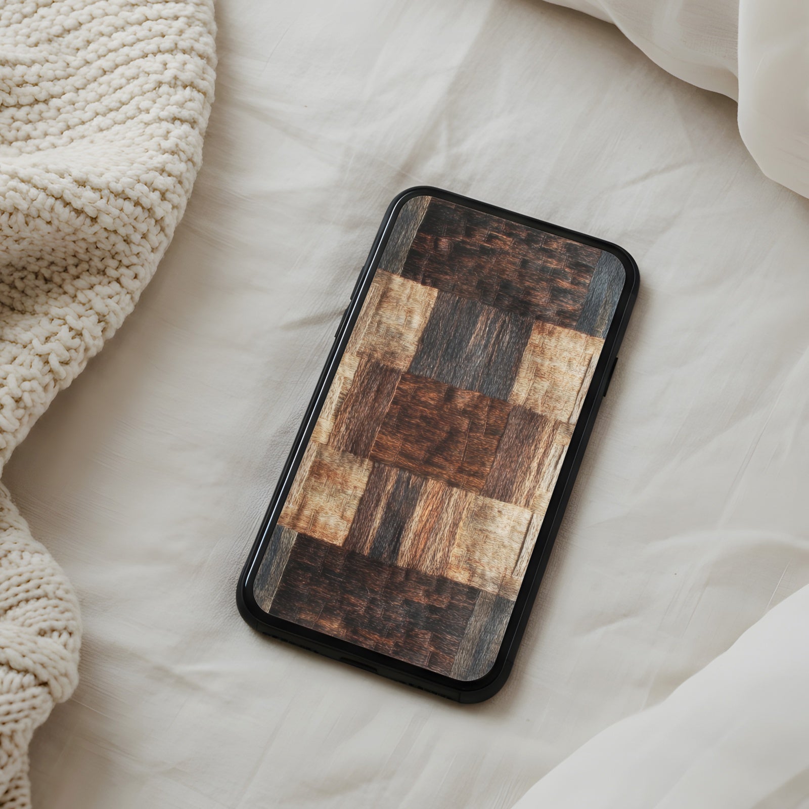 Boho phone wallpaper featuring a textured wood patchwork pattern in warm earthy tones - a cozy, natural background for a calm and stylish home screen