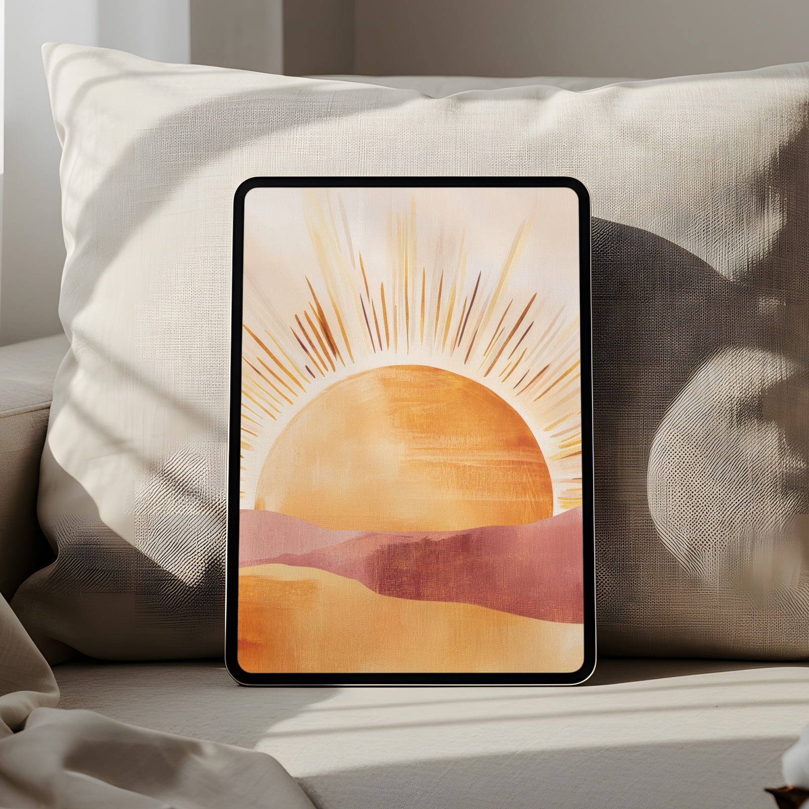 Boho iPad wallpaper featuring a warm sun illustration in soft earthy tones, designed to bring calm, positivity, and modern style to your tablet screen - perfect for design lovers and digital minimalists