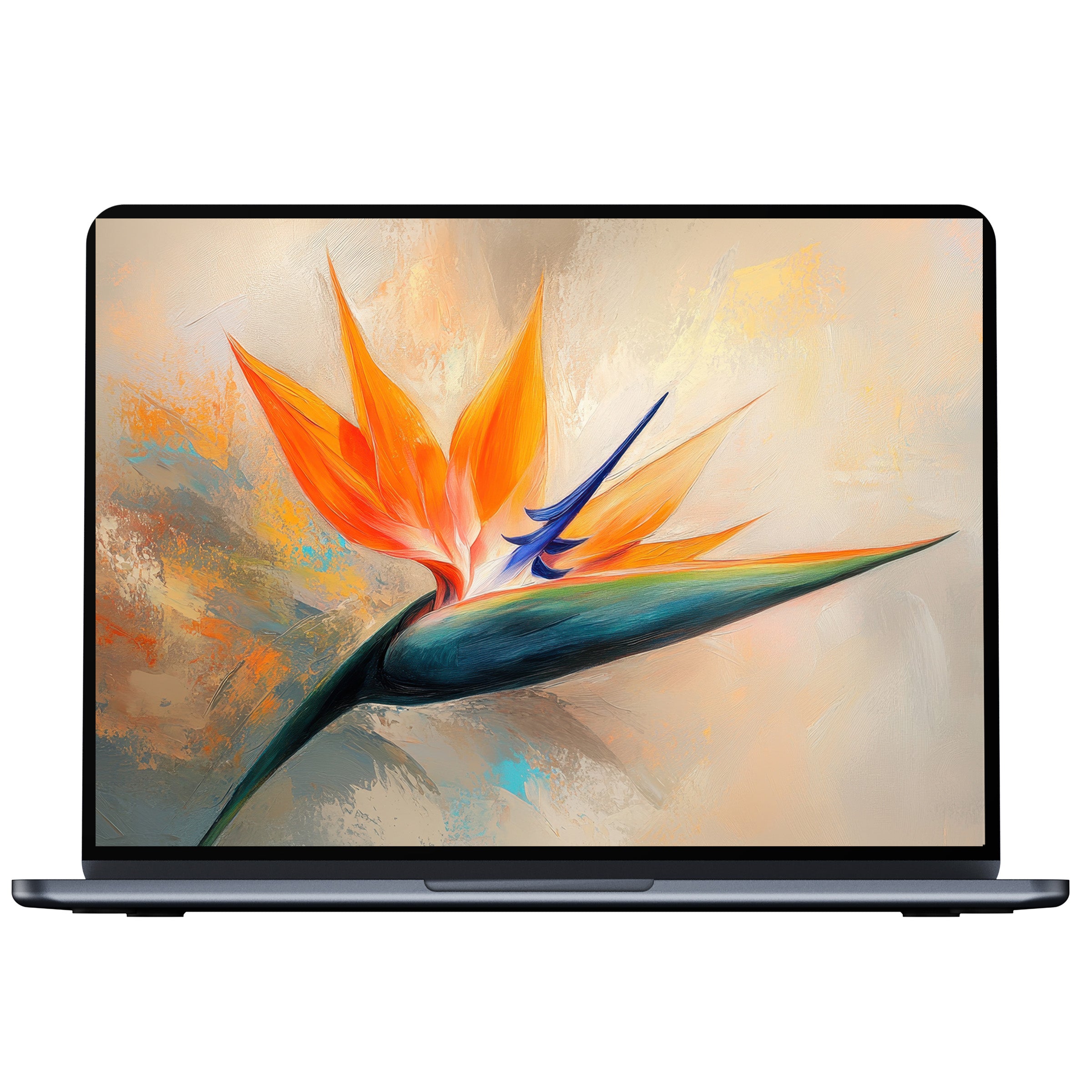 Elegant botanical desktop wallpaper for PC and laptop featuring vibrant orange and blue bird of paradise on an abstract background digital download