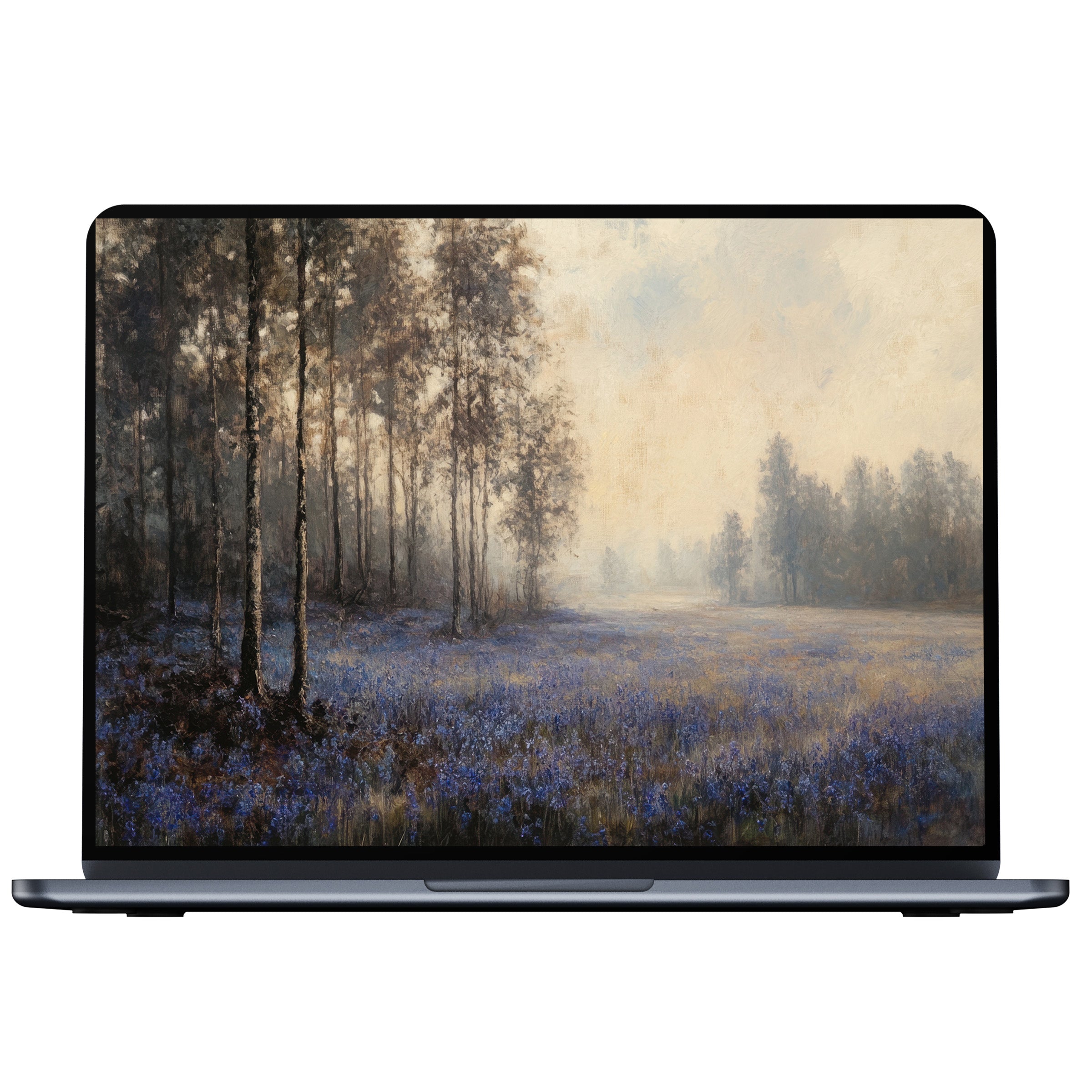 Serene botanical desktop wallpaper digital download features misty forest scene with purple flowers, perfect for PC and laptop screens