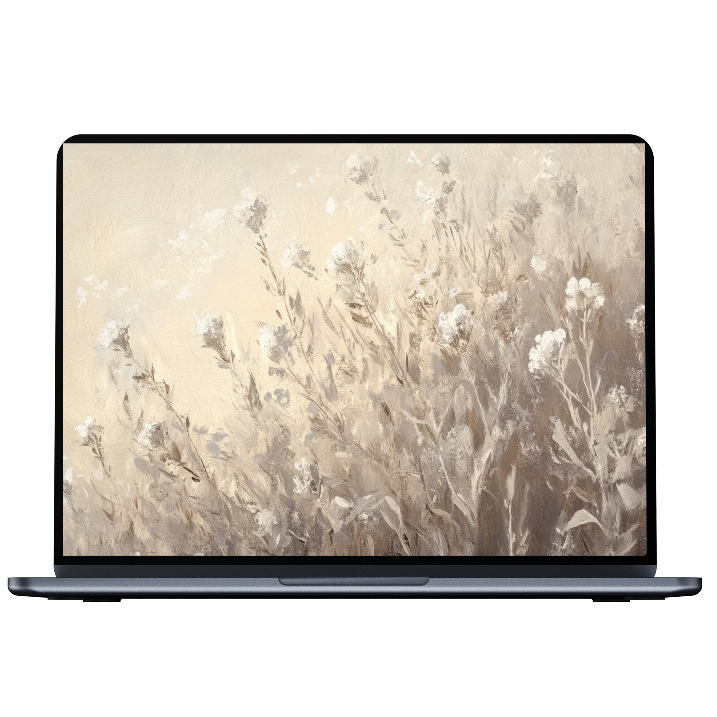 Elegant botanical desktop wallpaper with soft beige and white floral textures for PC and laptop digital download, promoting calm inspiration