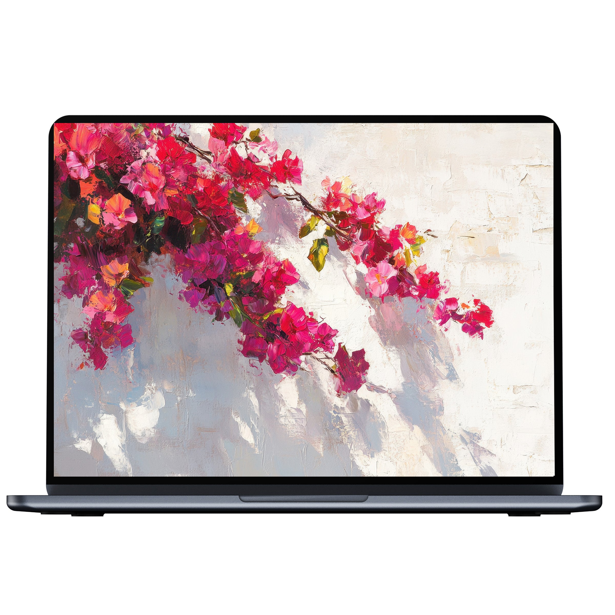 Vibrant botanical desktop wallpaper with pink blossoms on a textured white background for an elegant digital download for PC and laptop