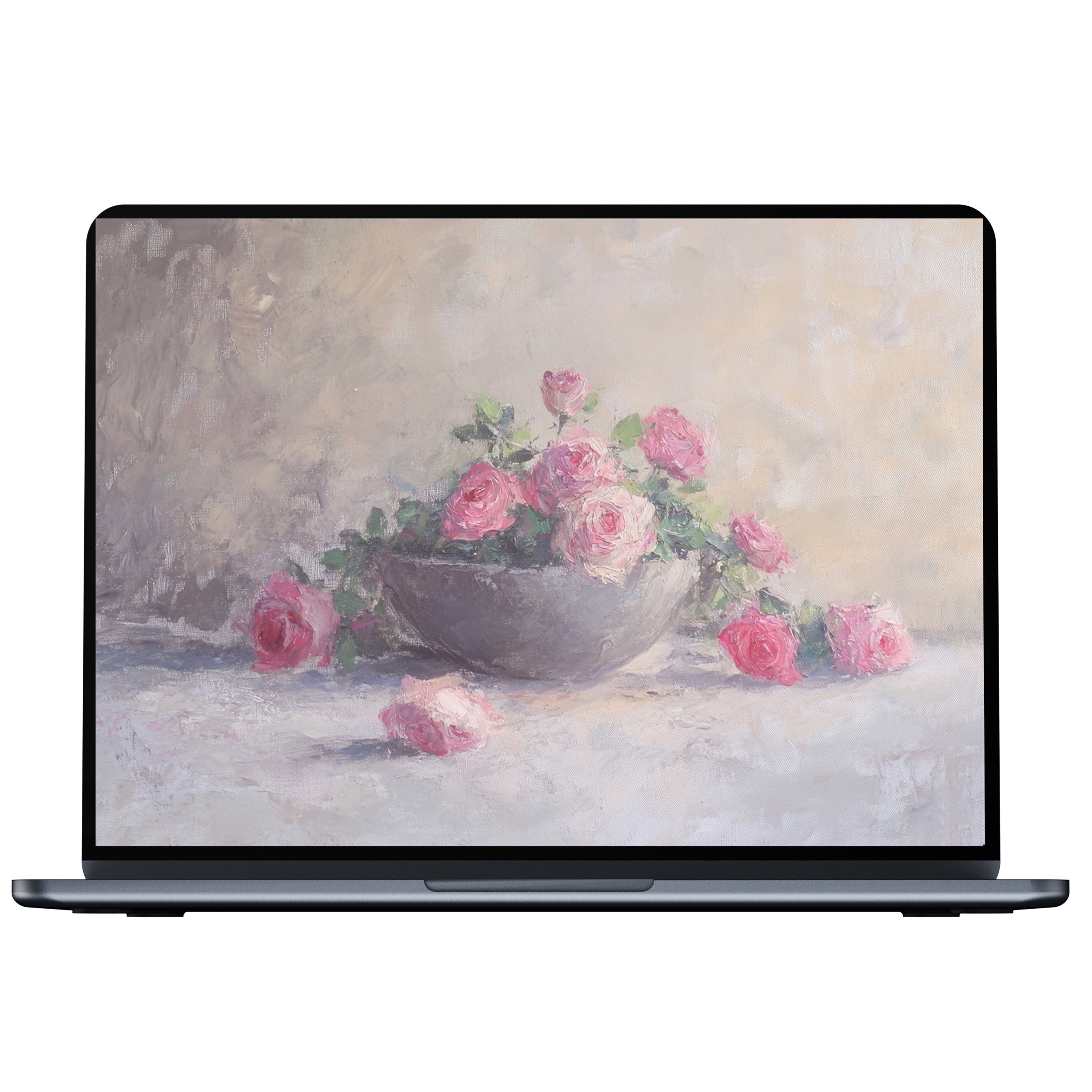 Elegant botanical desktop wallpaper with soft pink roses in a bowl, perfect digital download for PC, laptop, and Mac users