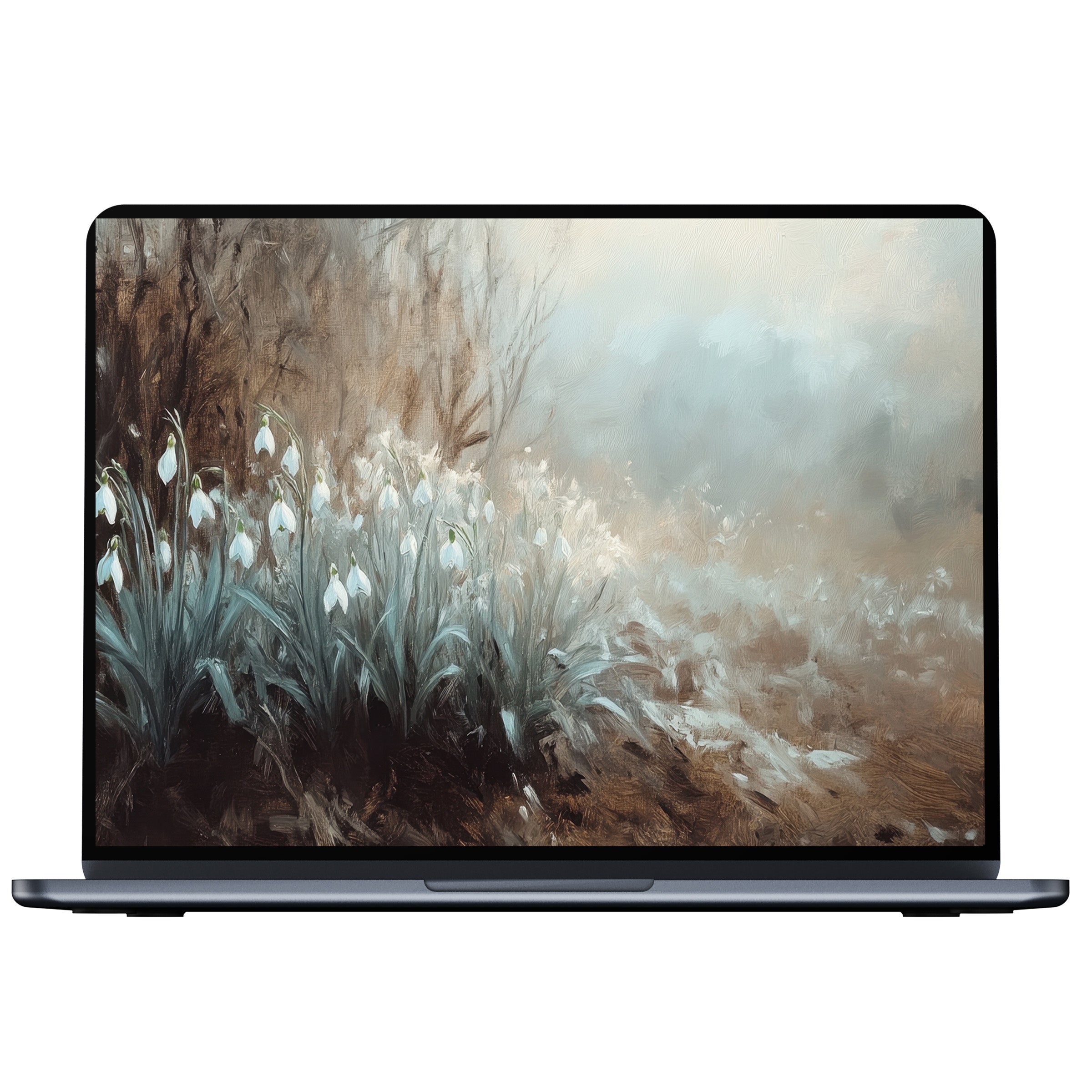 Botanical desktop wallpaper featuring white flowers in a misty landscape digital download for PC or laptop promotes calm and elegance