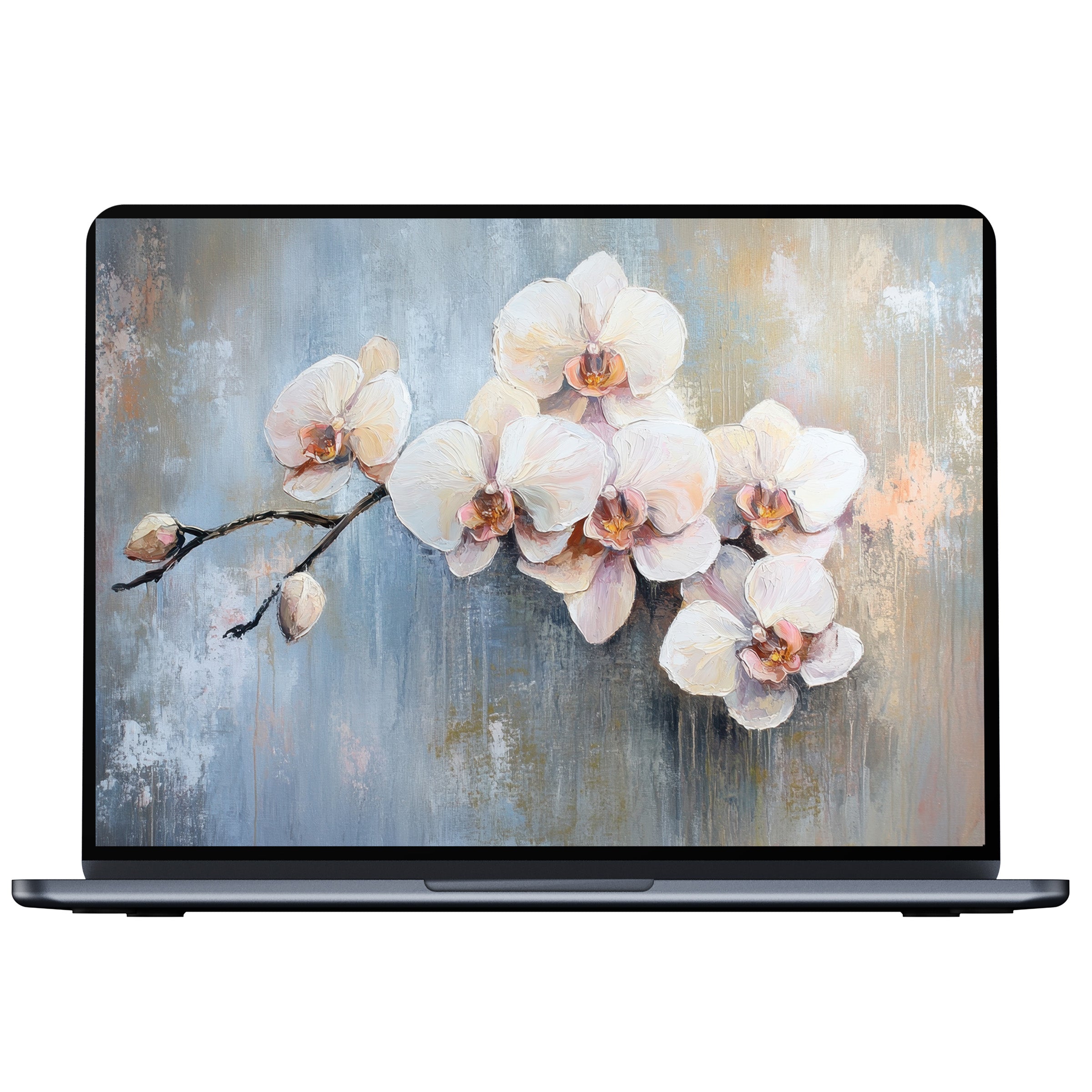 Elegant botanical desktop wallpaper featuring white orchids on a textured background digital download perfect for PC and laptop