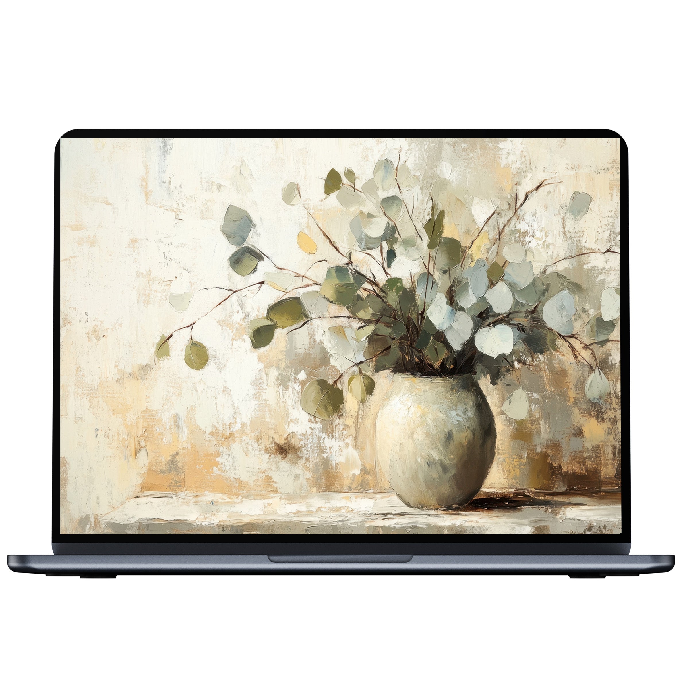 Elegant botanical desktop wallpaper with calming earthy tones and textured leaves, ideal digital download for PC or laptop ambiance