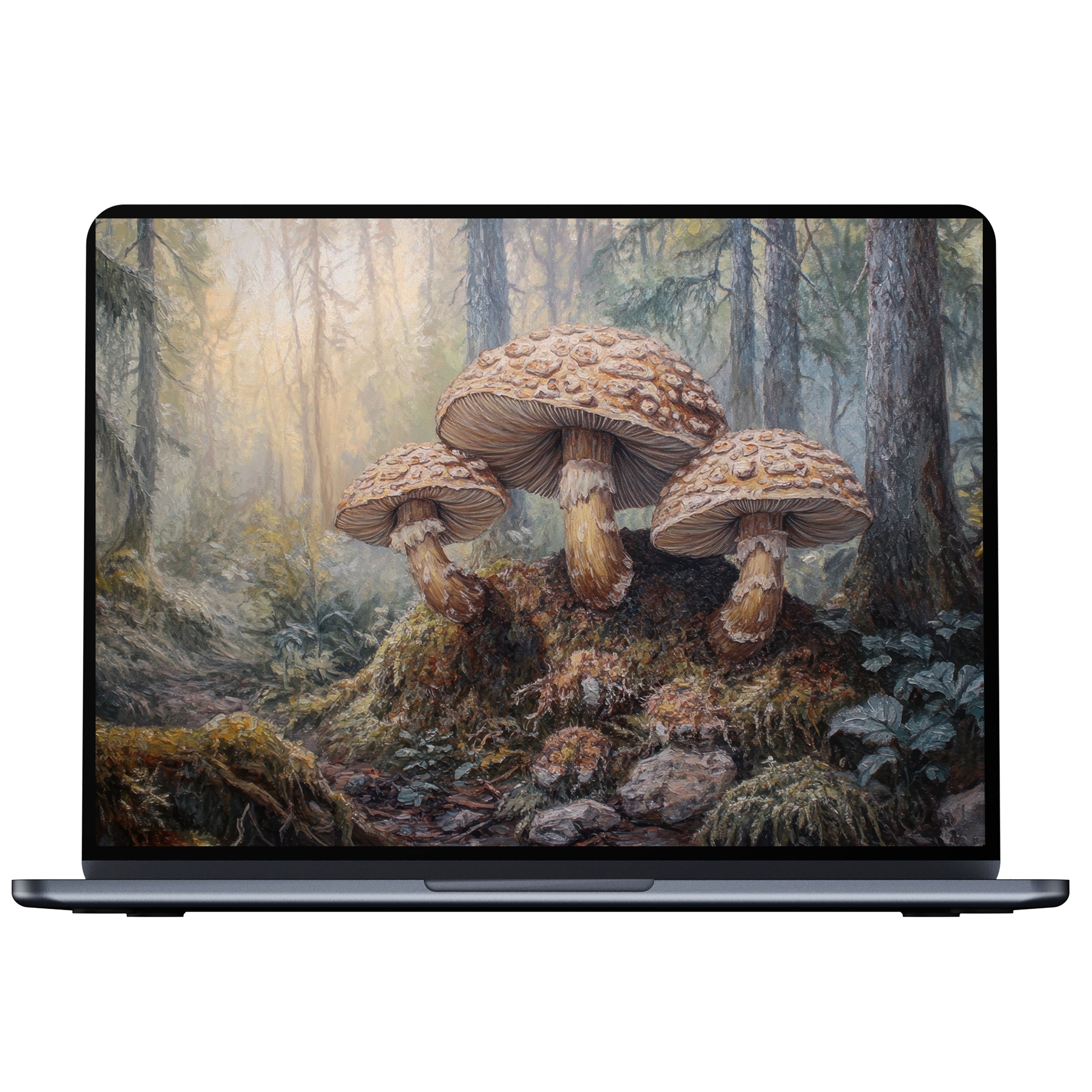 Botanical desktop wallpaper featuring earthy mushrooms in a serene forest digital download for PC or laptop adding elegance and calm