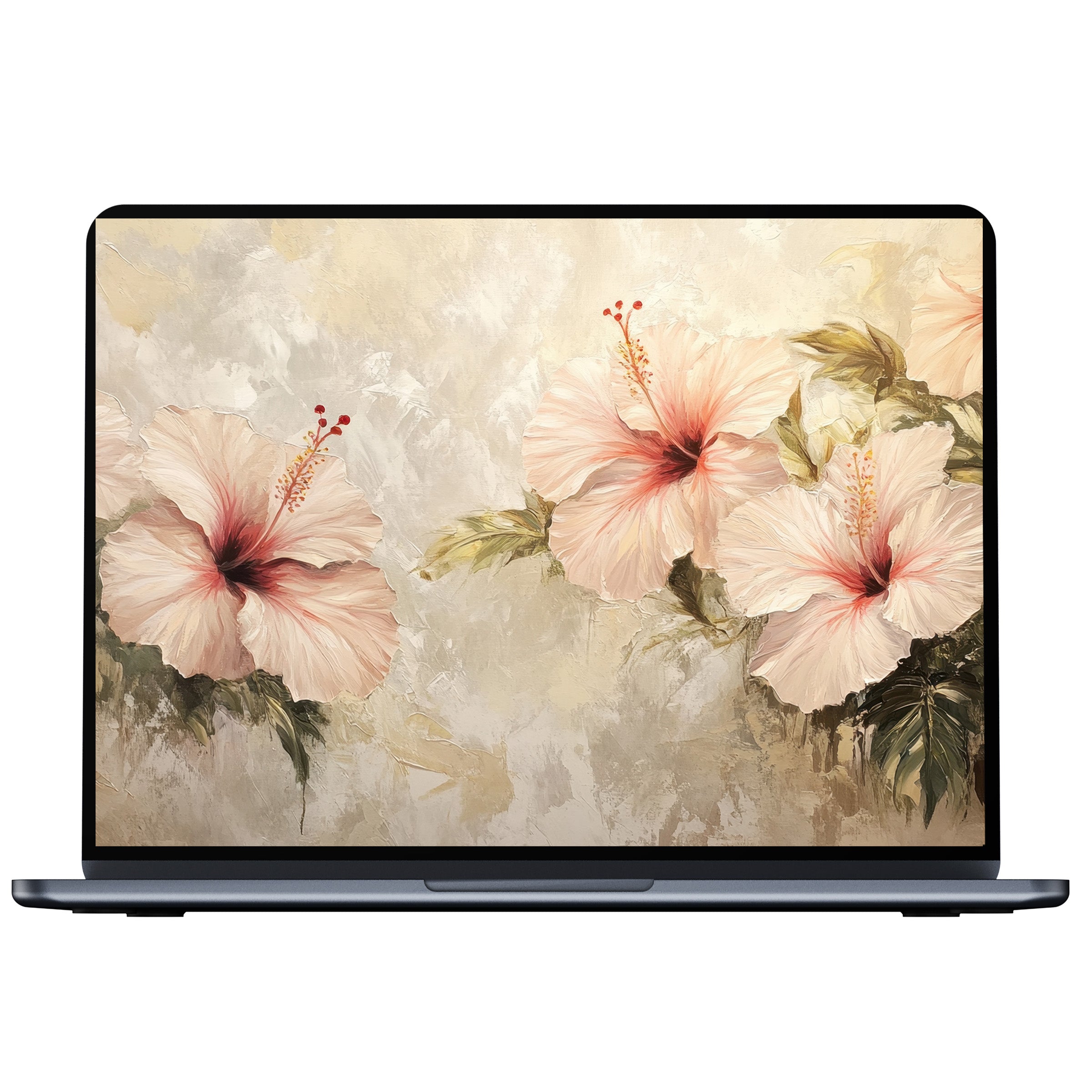 Elegant digital download of botanical desktop wallpaper with soft pink hibiscus, ideal for PC or laptop to inspire calm and beauty