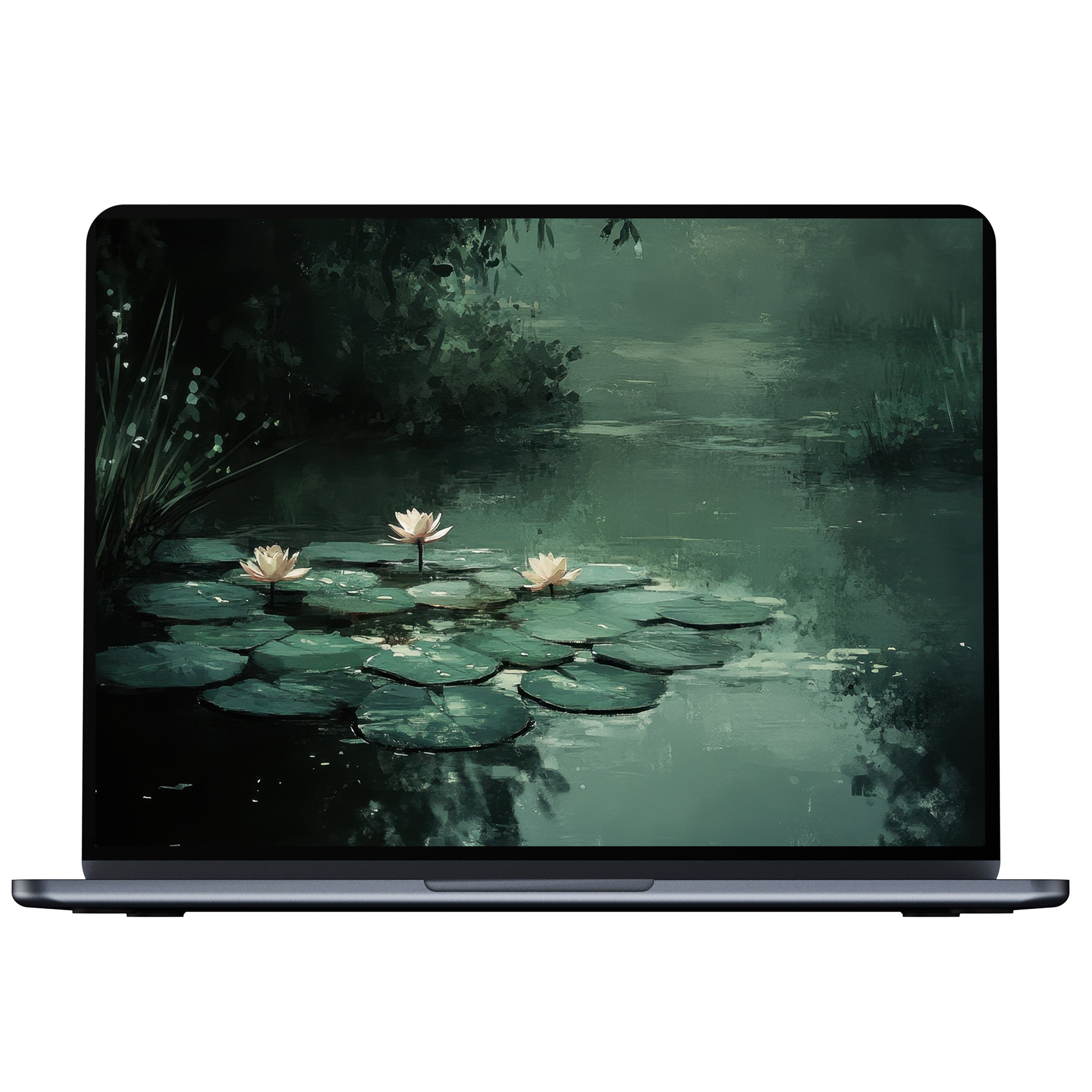 Botanical desktop wallpaper features serene digital artwork of water lilies on a tranquil pond for PC and laptop screens