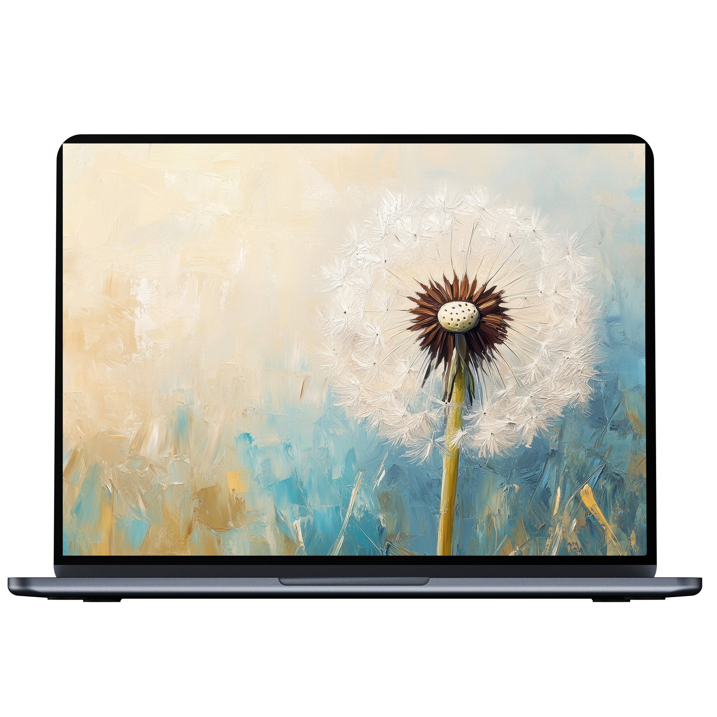 Botanical desktop wallpaper digital download with a serene dandelion in soft beige and blue tones for PC, laptop, or Mac