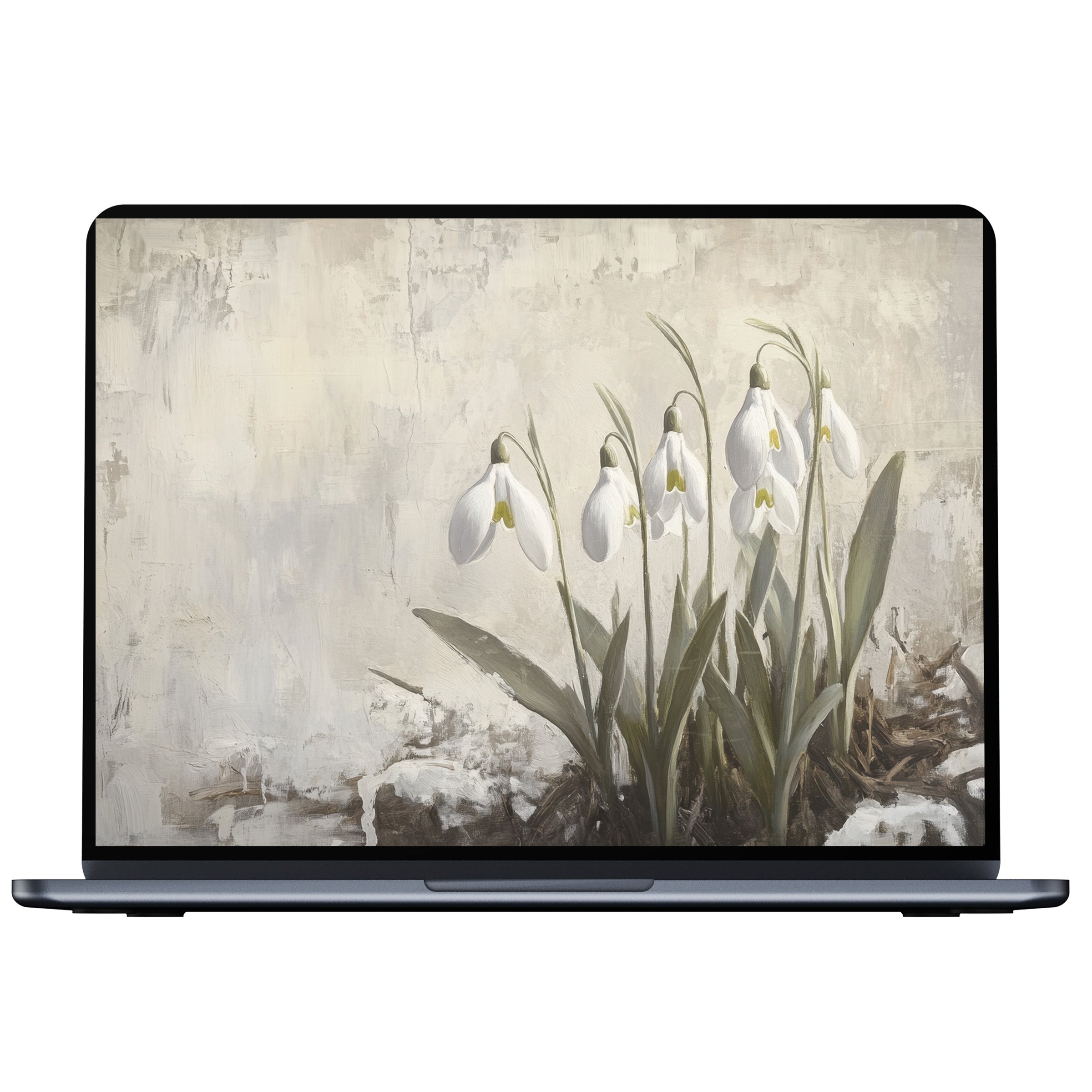 Elegant botanical desktop wallpaper with delicate white snowdrops evokes calm and inspiration on your PC or laptop digital download