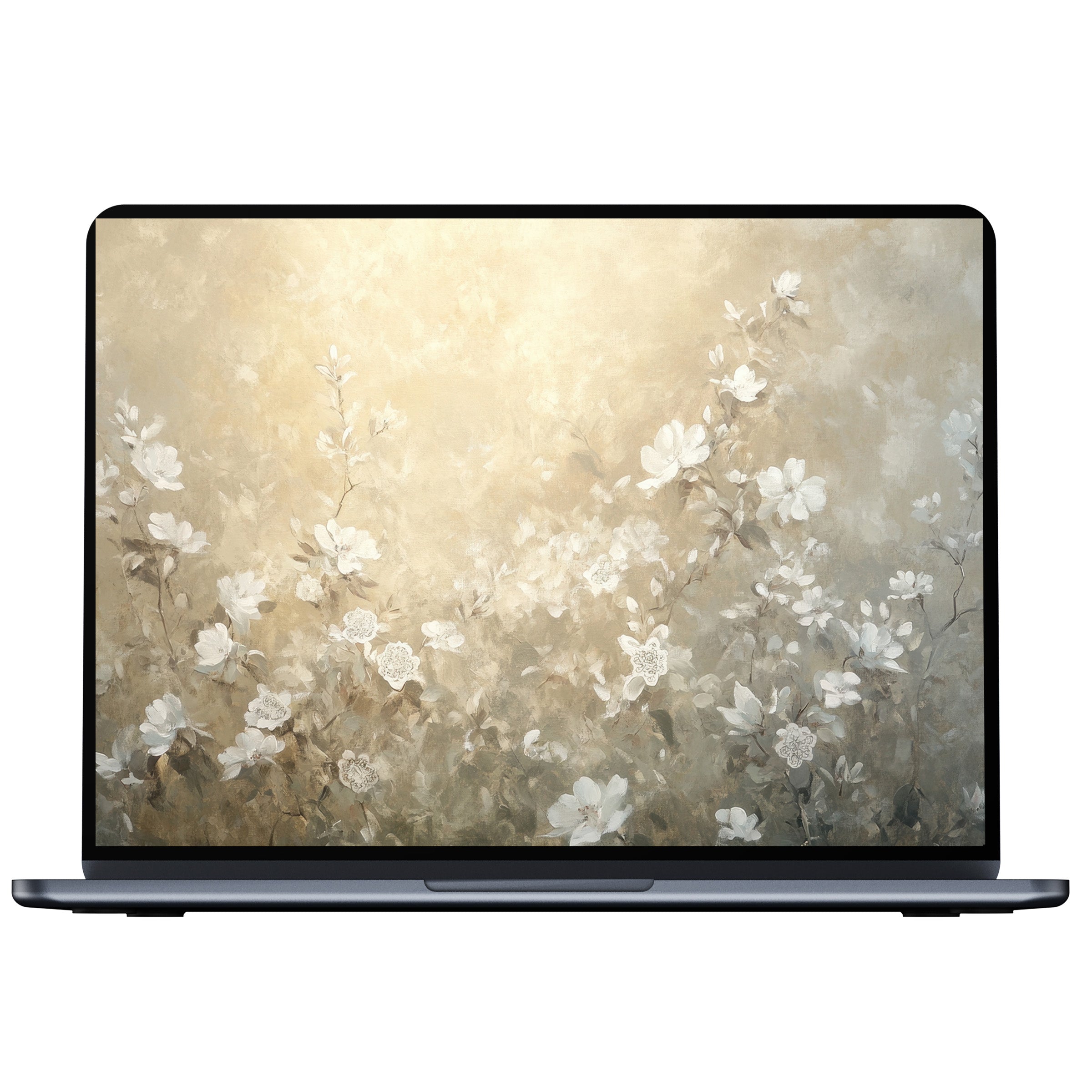 Elegant botanical desktop wallpaper with white blossoms on a soft beige background digital download for PC, Laptop, Mac tranquility