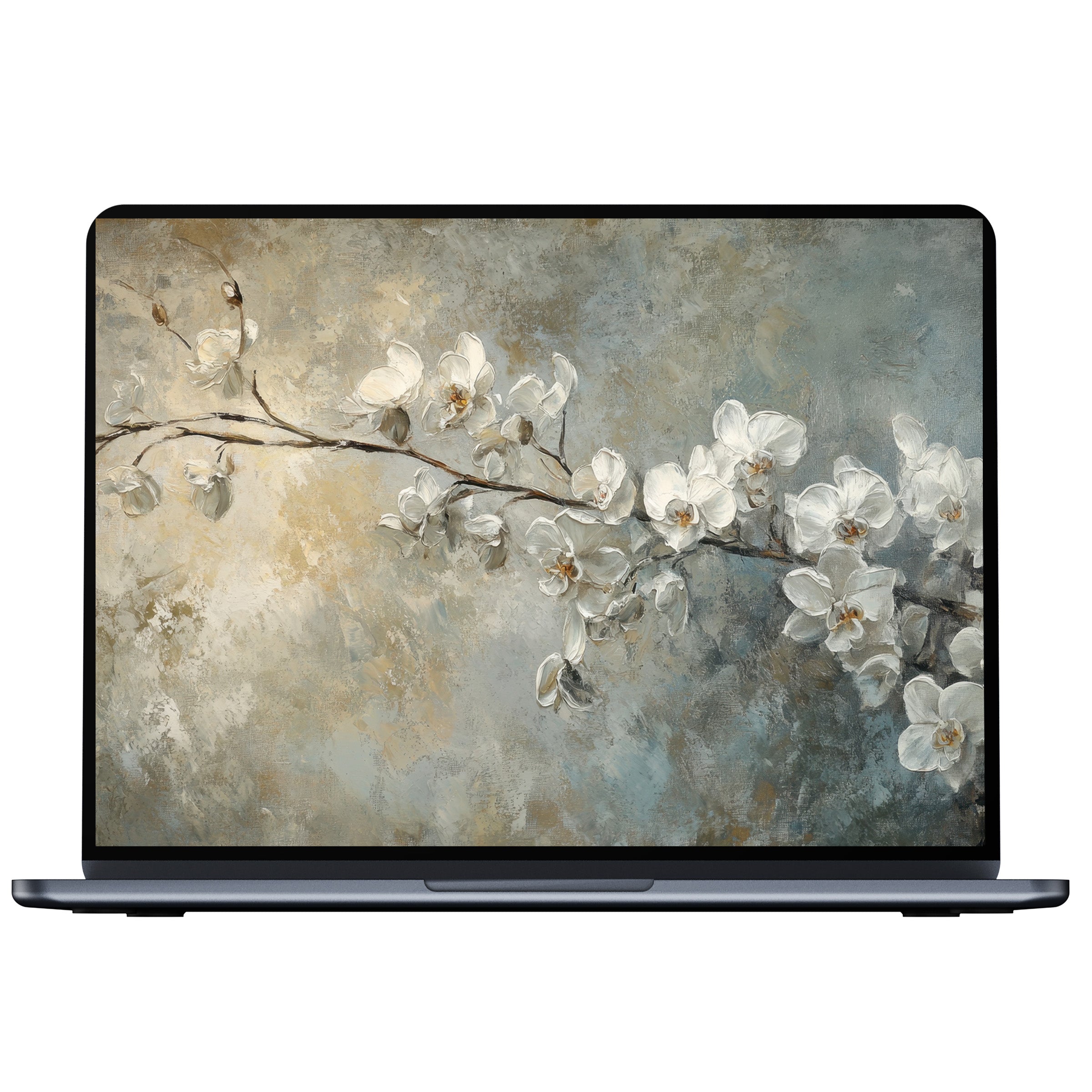 Elegant botanical desktop wallpaper with white blossoms on textured canvas offers calm inspiration for PC and laptop digital download