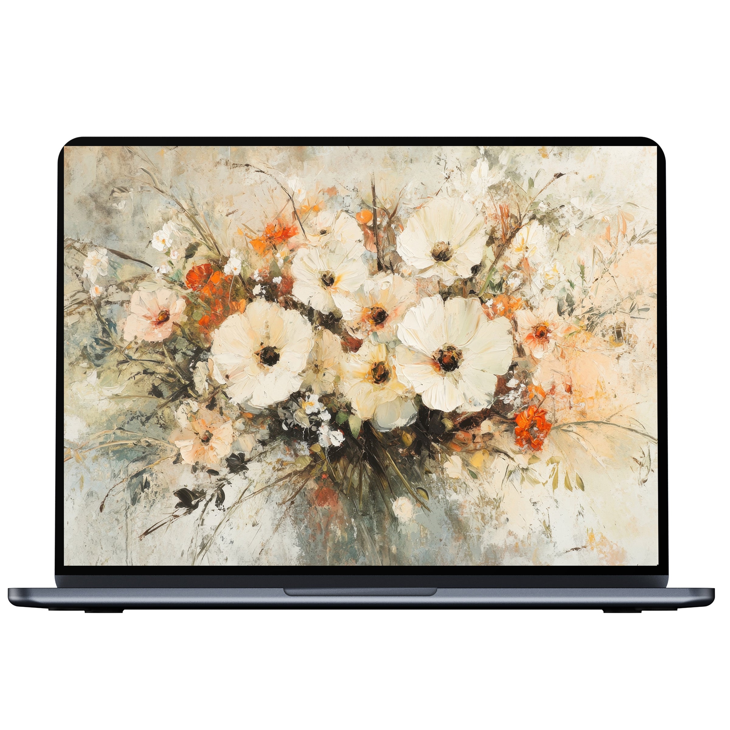 Elegant botanical desktop wallpaper featuring delicate floral artwork in soft hues, perfect digital download for PC and laptop ambiance