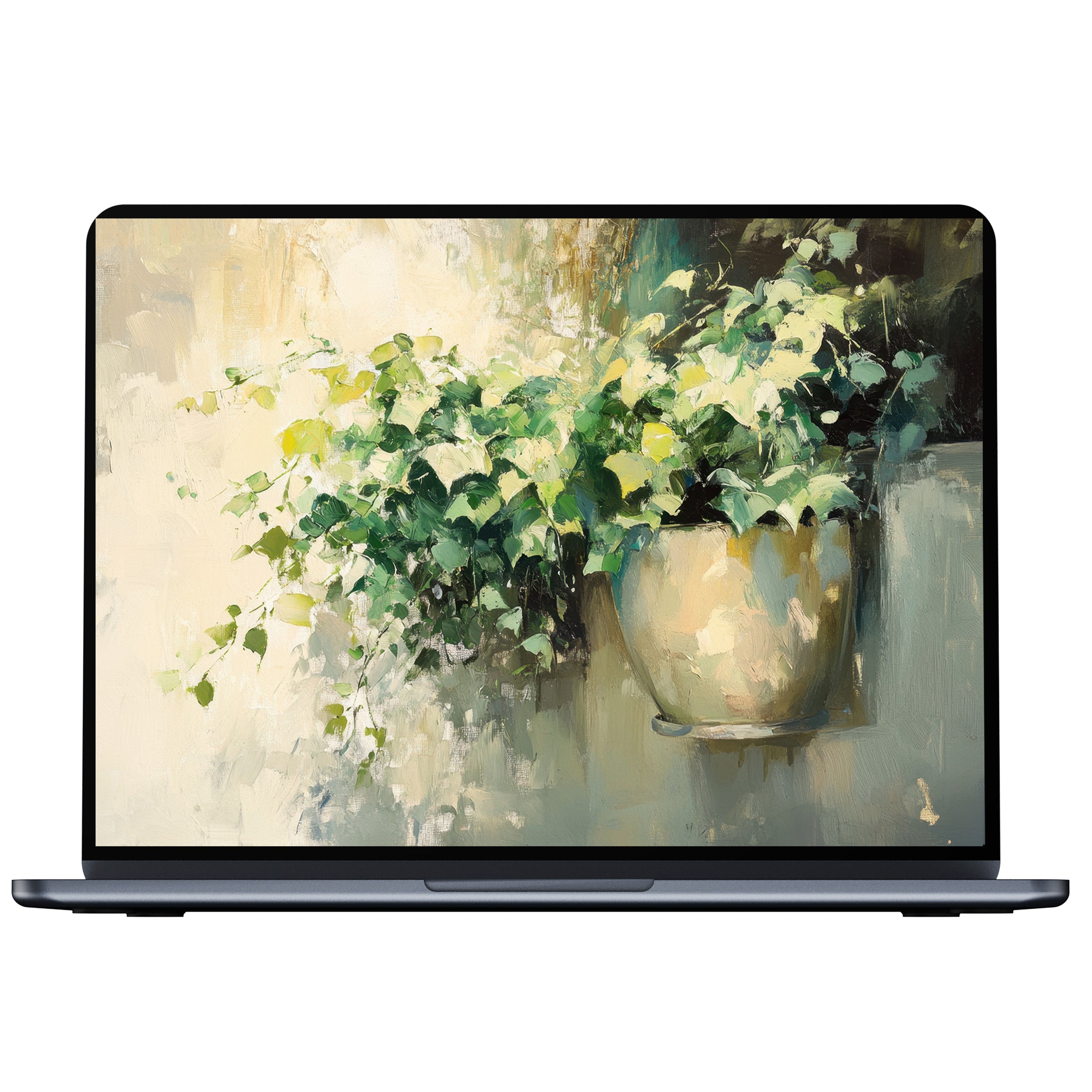 Elegant botanical desktop wallpaper digital download featuring lush green leaves in a pot fits PC, laptop, and Mac screens
