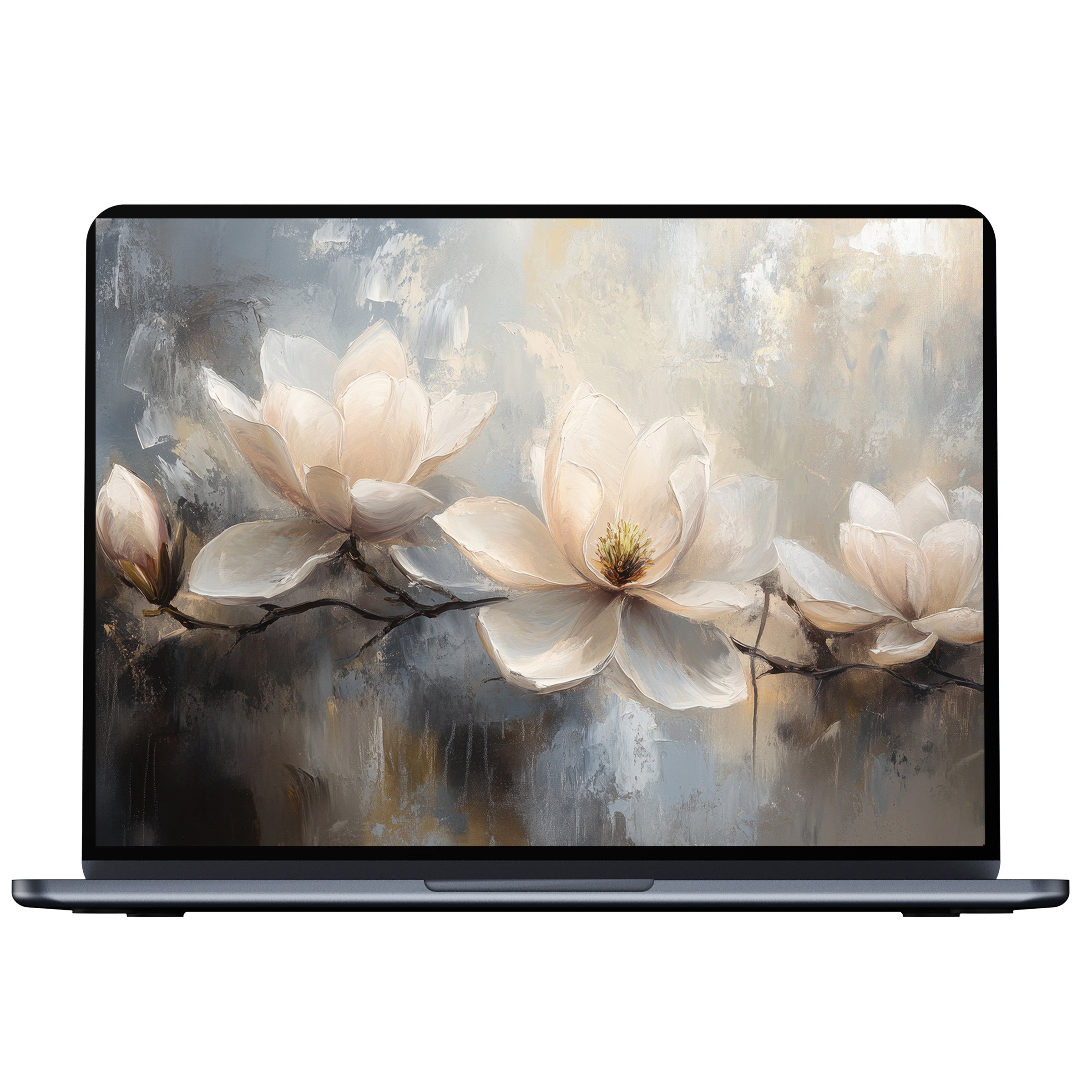 Elegant botanical desktop wallpaper with soft beige flowers on a textured background offers digital download for PC and laptop use