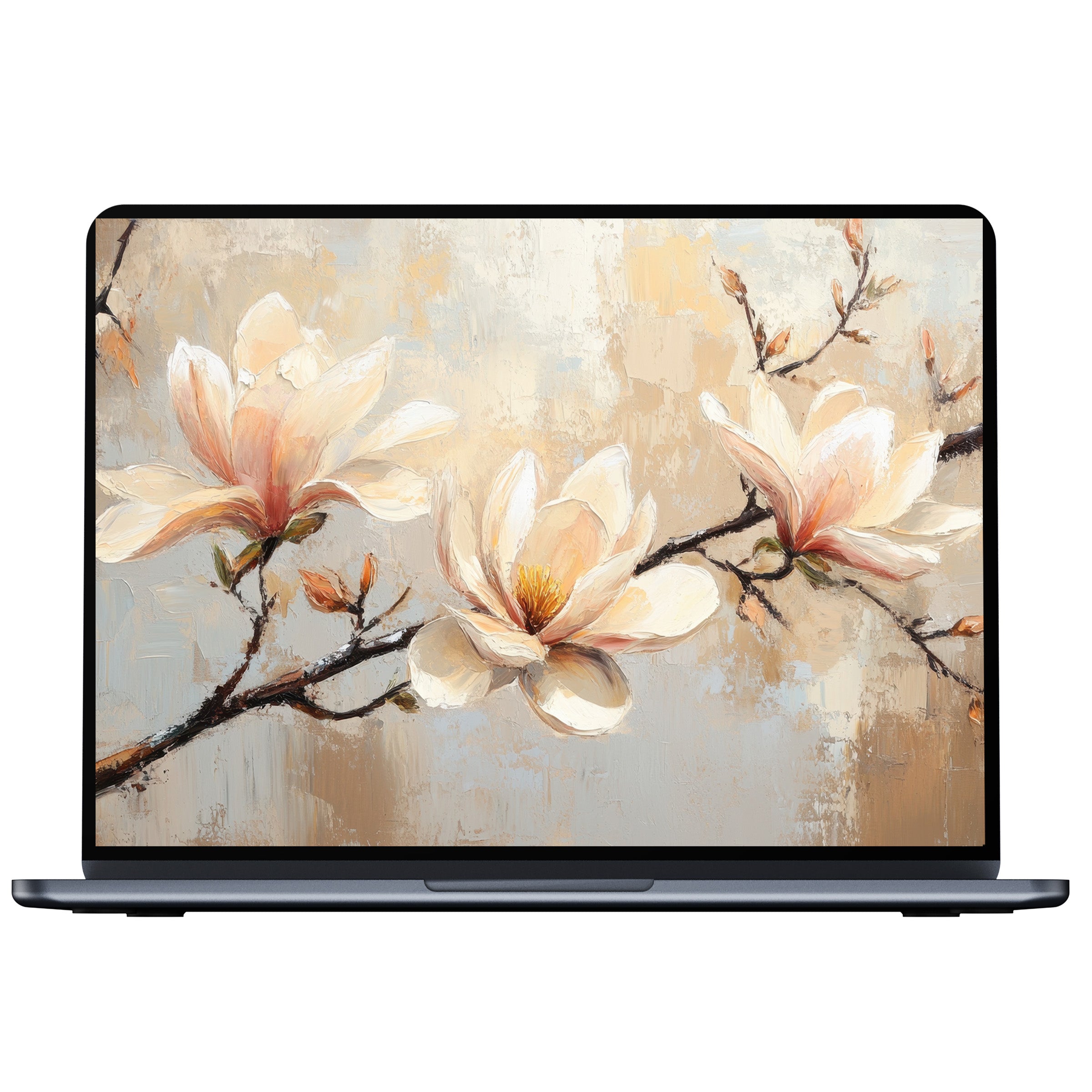 Elegant botanical desktop wallpaper featuring soft magnolia blooms, perfect digital download for PC, Laptop, or Mac users seeking tranquility and style