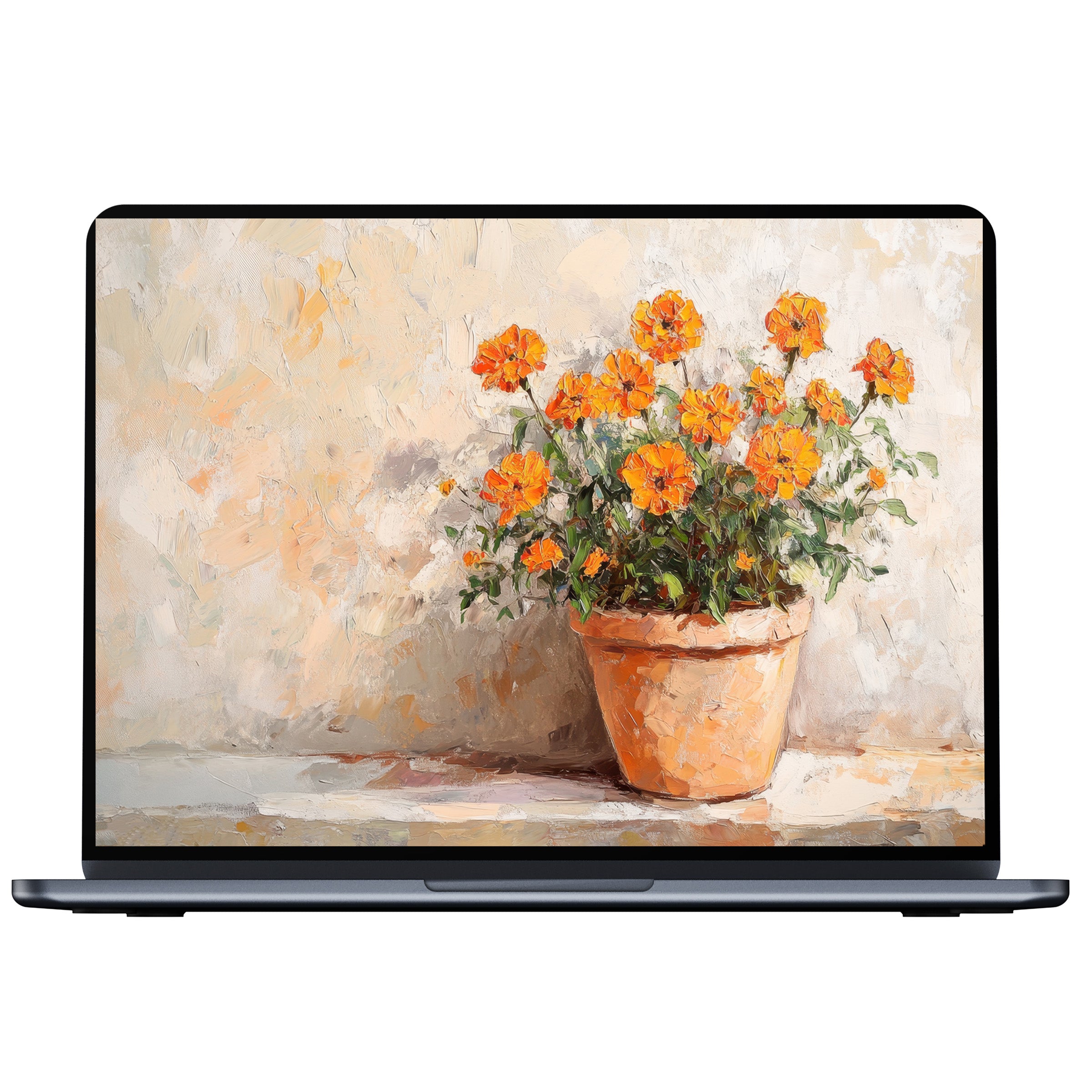 Elegant botanical desktop wallpaper with vibrant marigolds, ideal for a calming digital download on PC, laptop, or Mac
