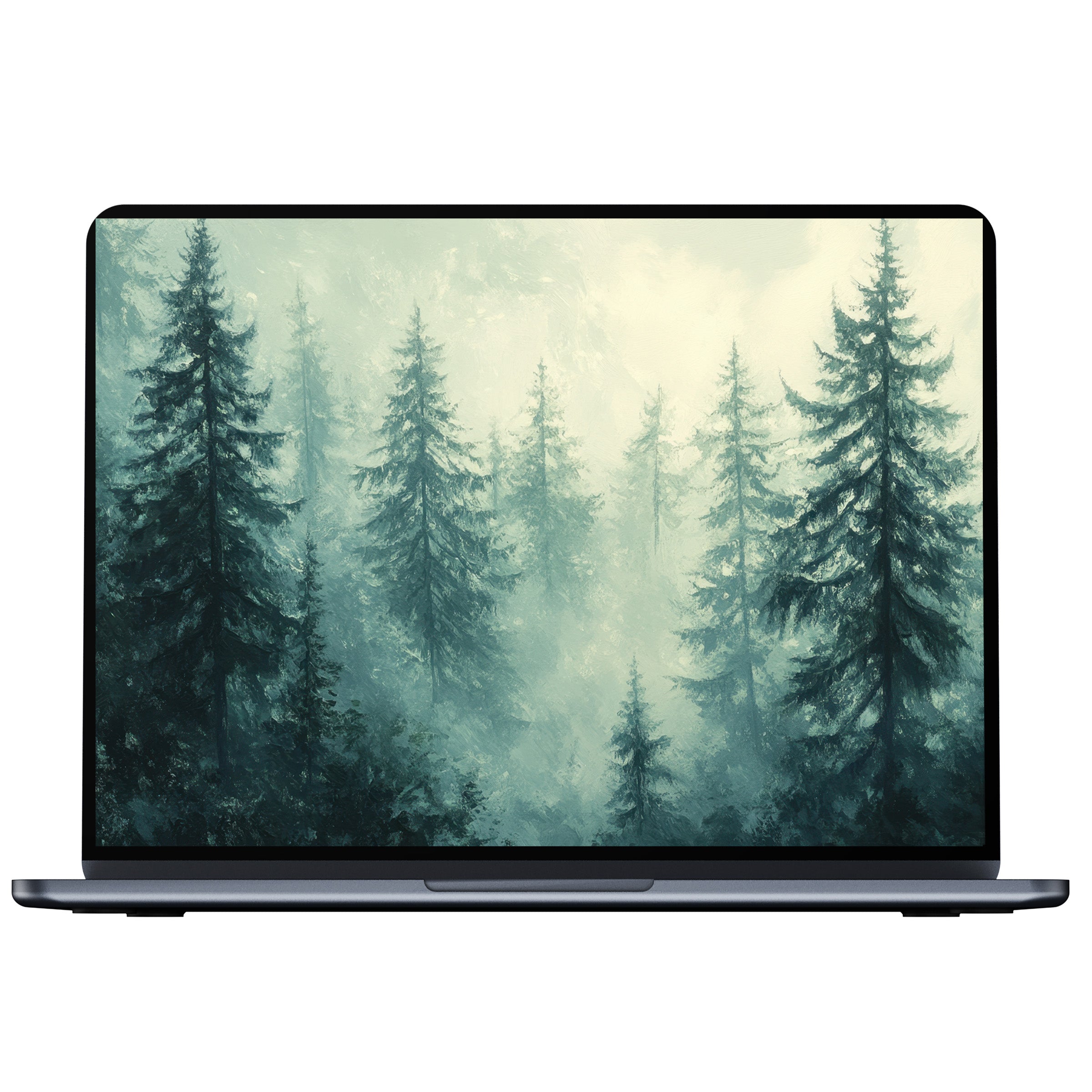 Serene botanical desktop wallpaper featuring misty evergreen trees creates a calming digital download for PC, Laptop, and Mac screens