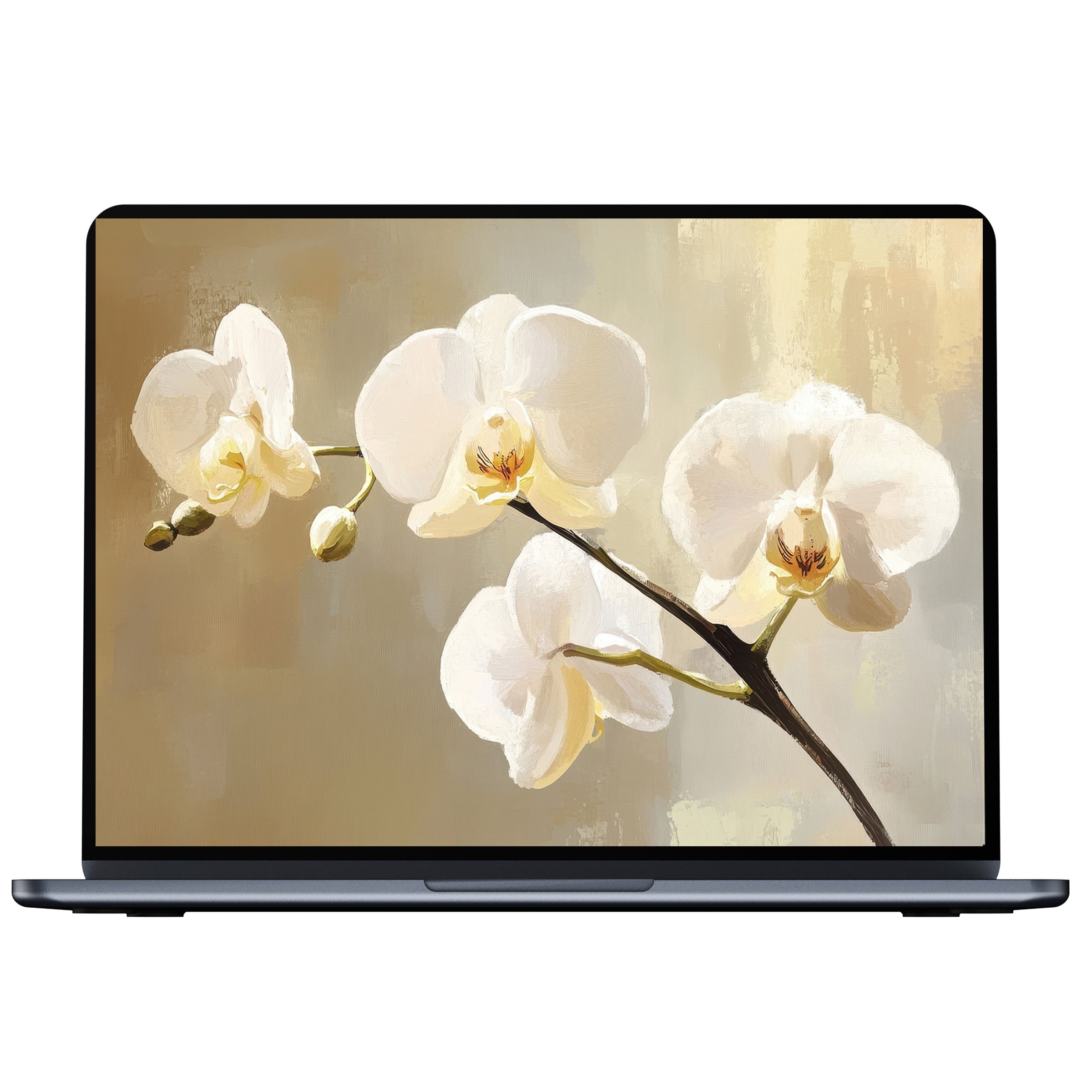 Elegant orchid botanical desktop wallpaper digital download in soft beige tones brings calm inspiration to any PC or laptop screen