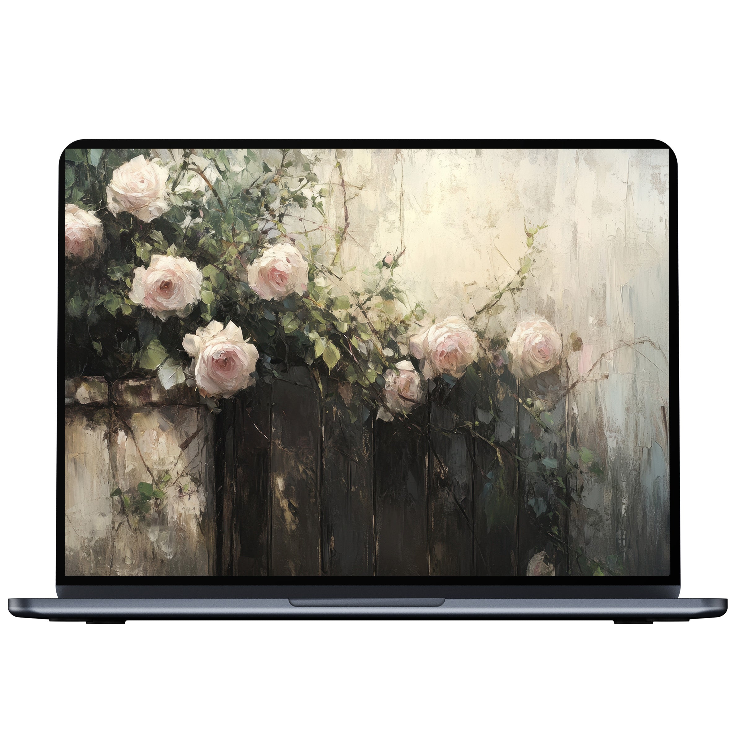 Elegant botanical desktop wallpaper featuring soft pink roses on a rustic canvas offers serenity for PC Mac and laptop users with digital download
