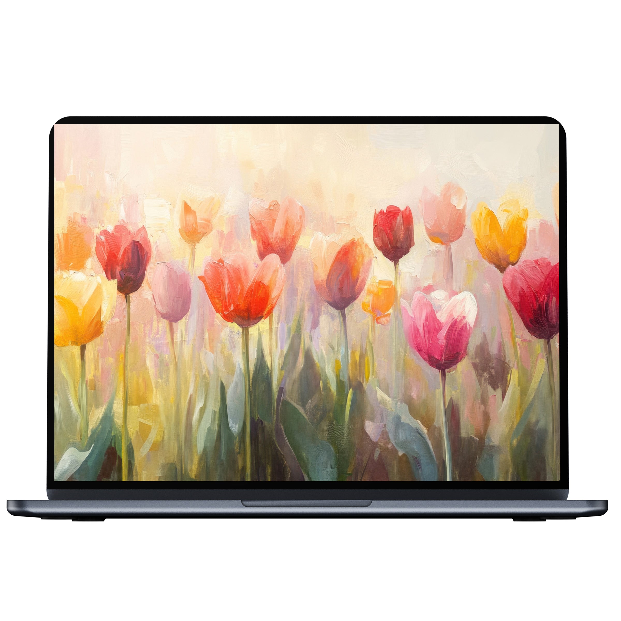 Botanical desktop wallpaper digital download featuring vibrant tulips creates calm elegance for PC, laptop, and Mac screens