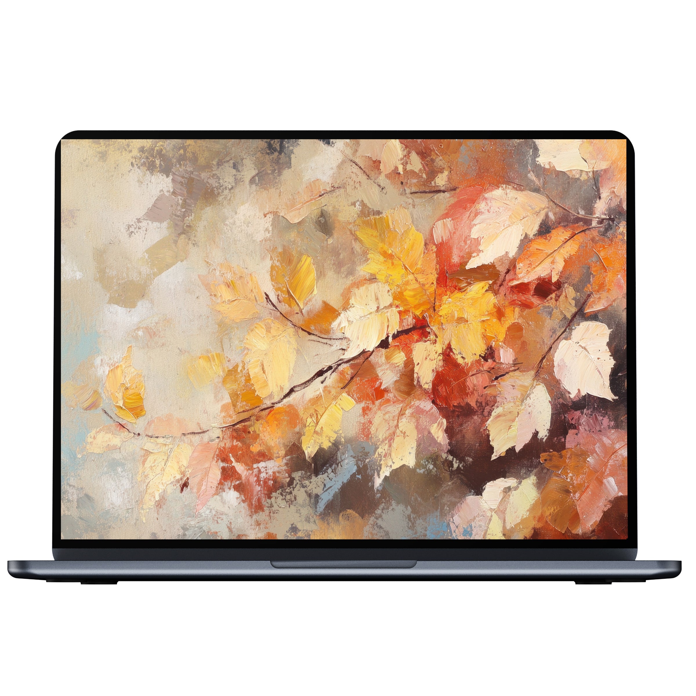 Elegant botanical desktop wallpaper with autumn leaves in warm hues, offering calm and inspiration for PC, laptop, Mac digital download