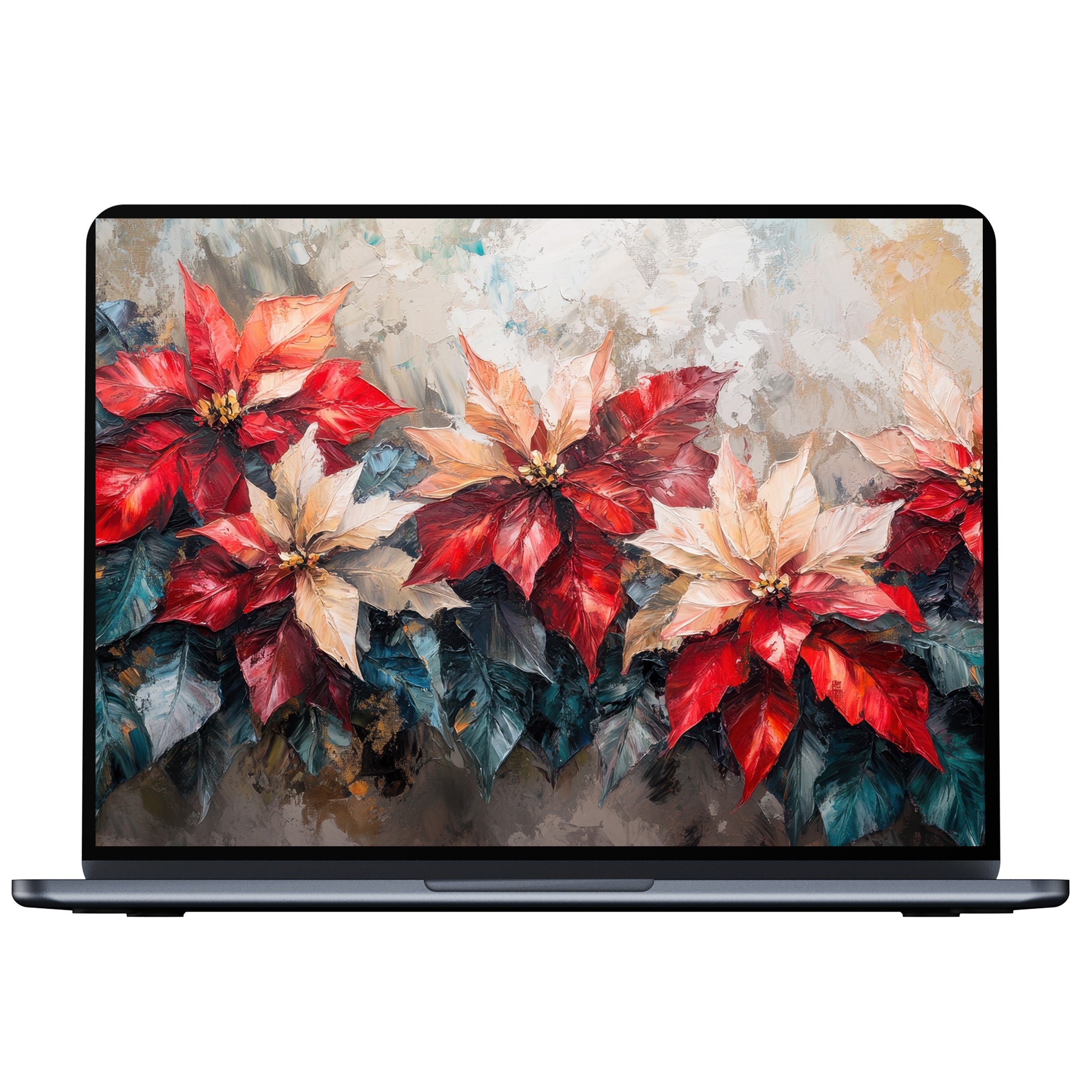Elegant botanical desktop wallpaper showcasing vibrant poinsettias in textured strokes, perfect digital download for PC, laptop, and Mac