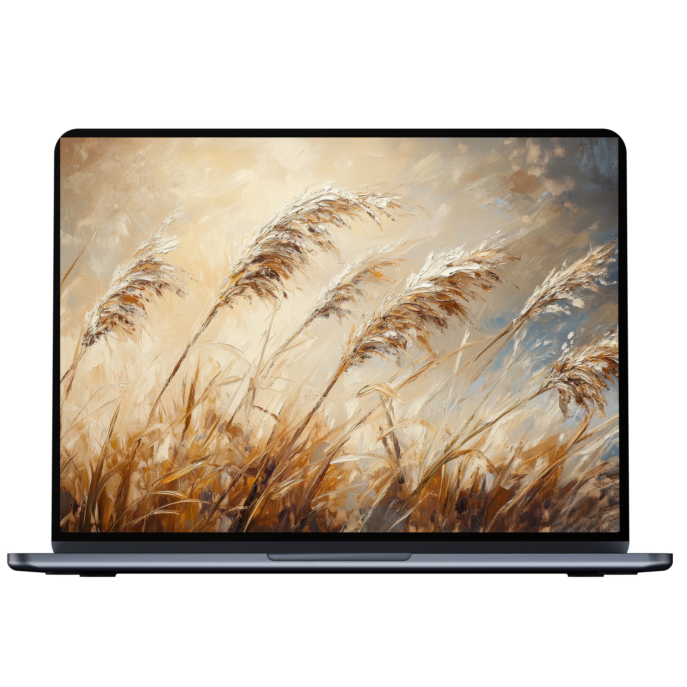 Elegant botanical desktop wallpaper featuring golden reeds against a soft sky, perfect digital download for PC and laptop tranquility