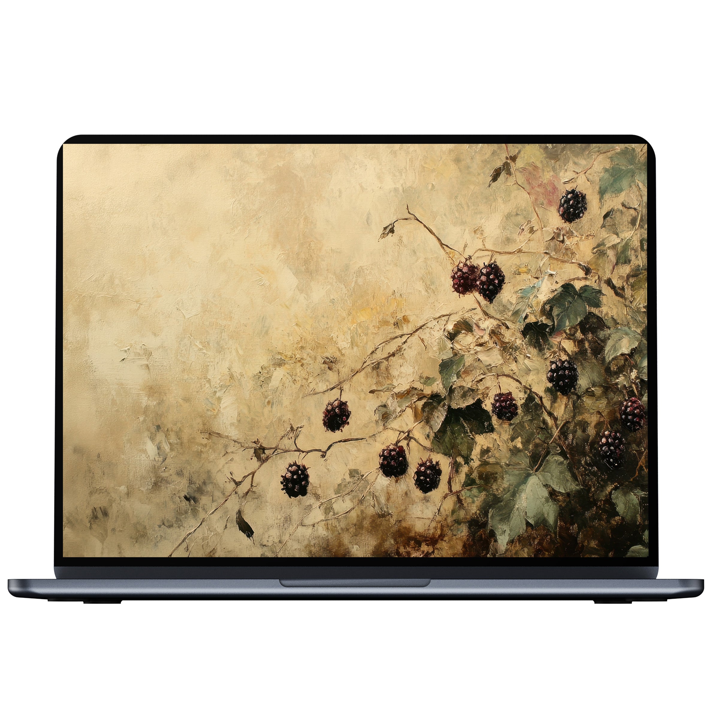 Textured botanical desktop wallpaper with lush berry vines offers a calm digital download for PC, laptop, and Mac screens
