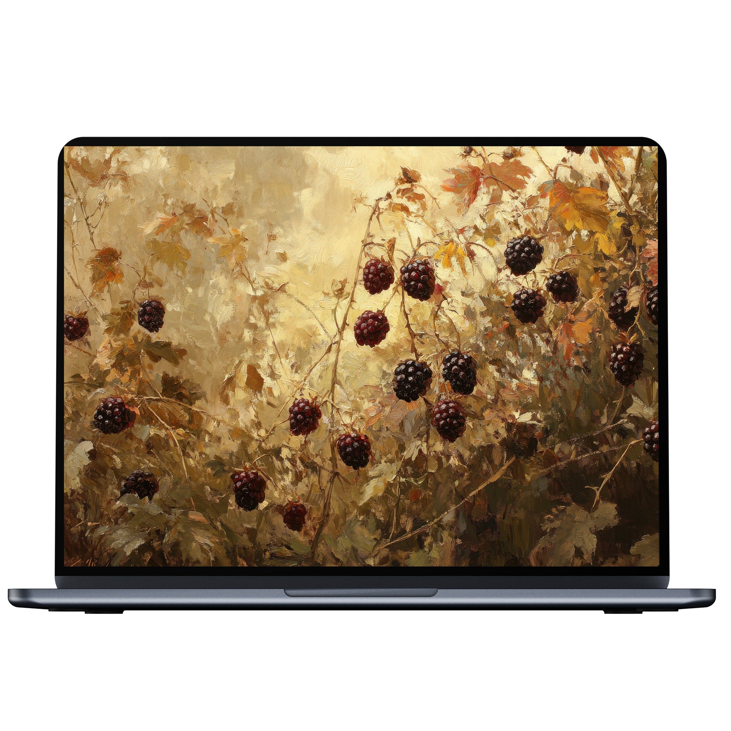 Elegant botanical desktop wallpaper showcasing ripe blackberries amidst autumnal hues in a digital download for PC and laptop use