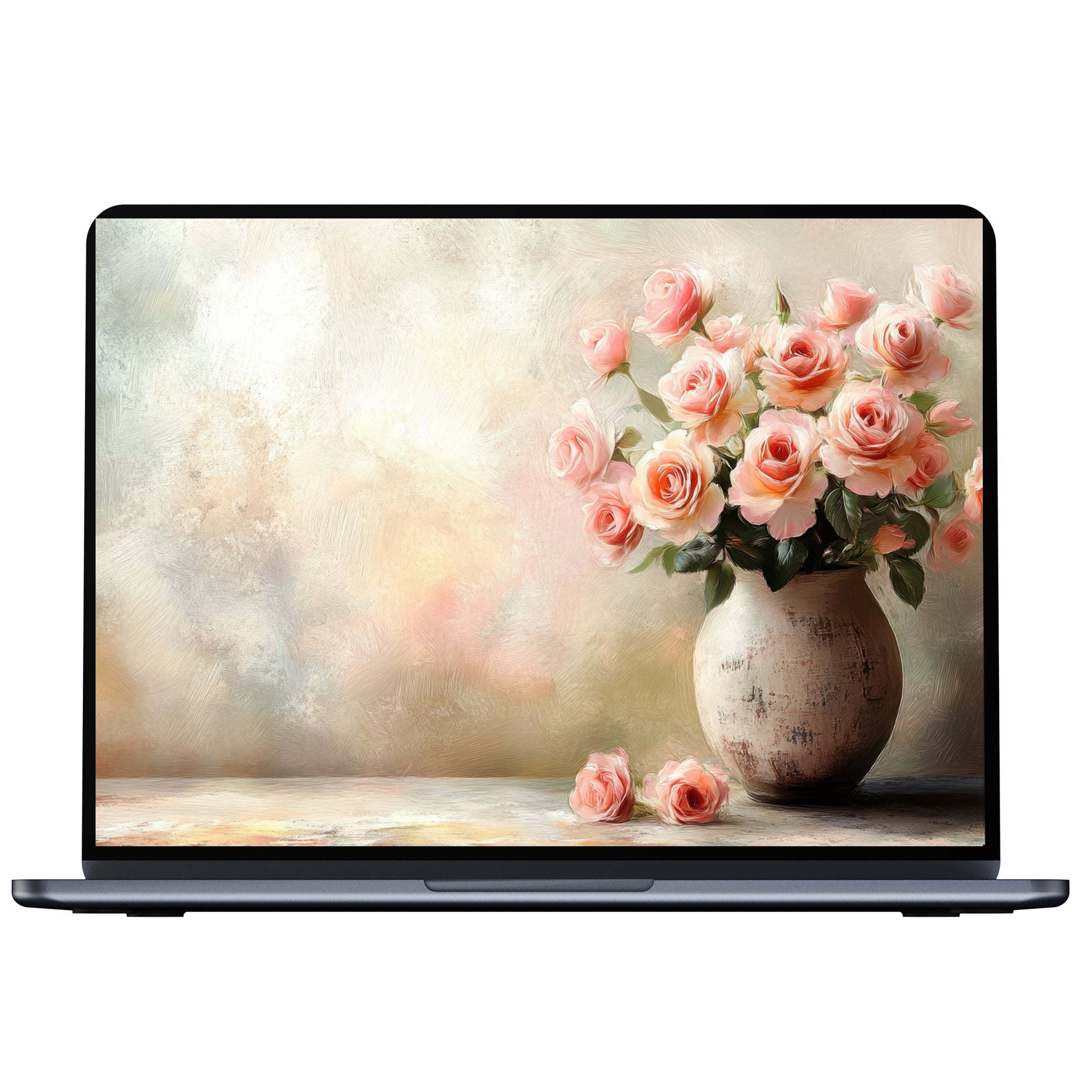 Botanical desktop wallpaper featuring soft pink roses in a vase on textured background digital download for PC and laptop screens