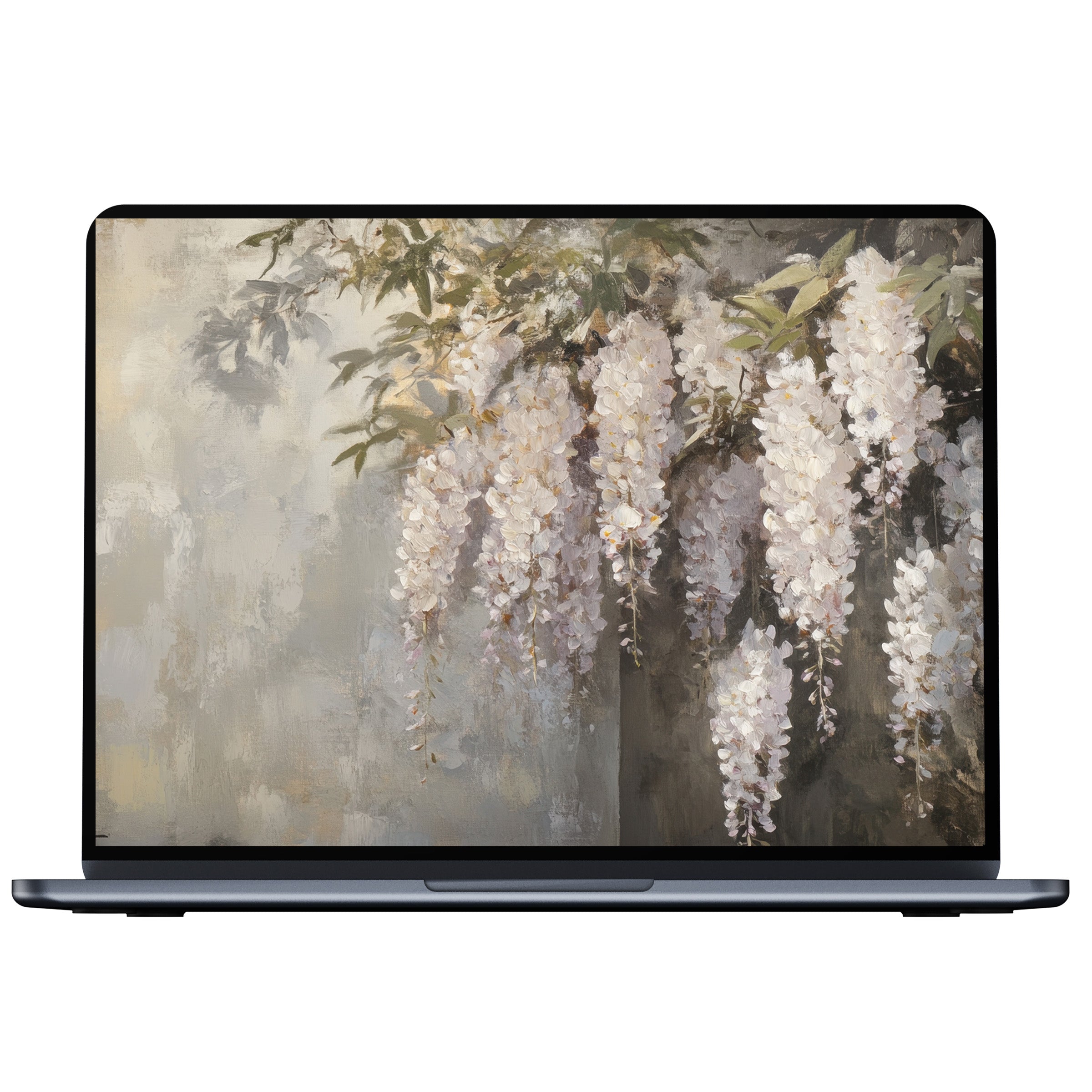 Elegant botanical desktop wallpaper digital download with cascading white flowers on a textured backdrop, ideal for PC and laptop