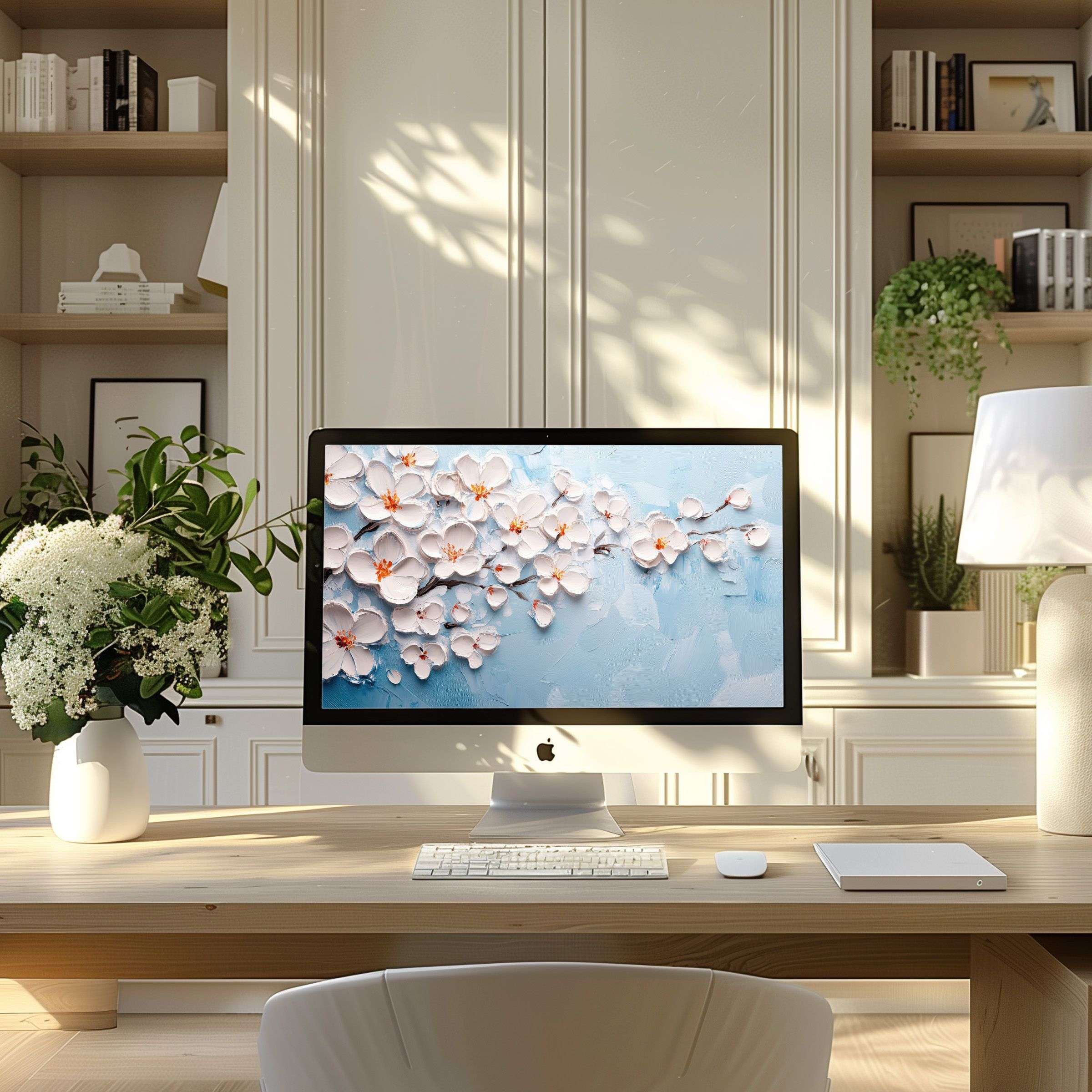 iMac on desk in stylish home office displaying a botanical wallpaper for Mac with delicate white cherry blossoms on a soft blue painted background, bringing fresh floral elegance indoors