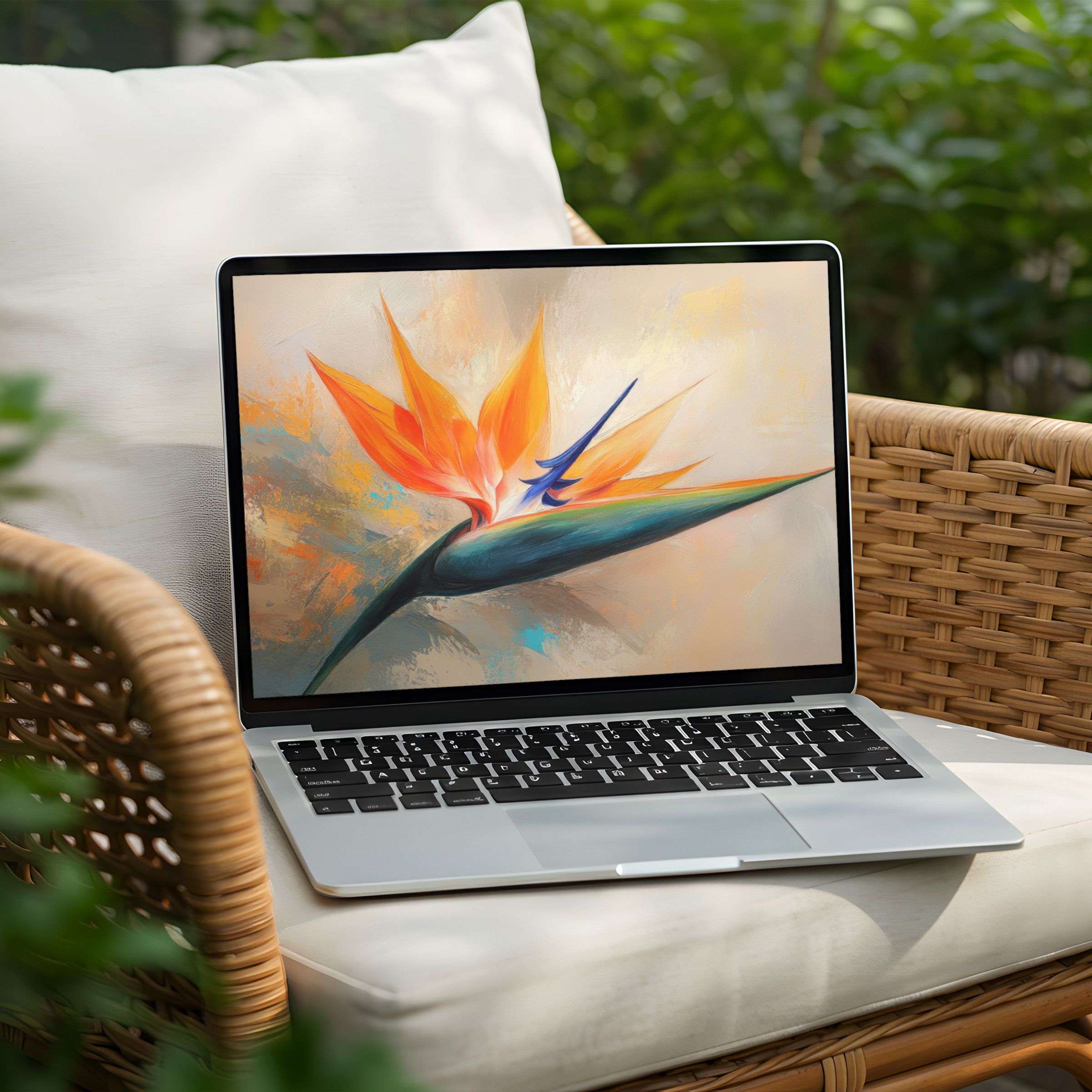 Elegant digital art of vibrant orange and blue flower offers a calming desktop background for instant download on PC or Laptop