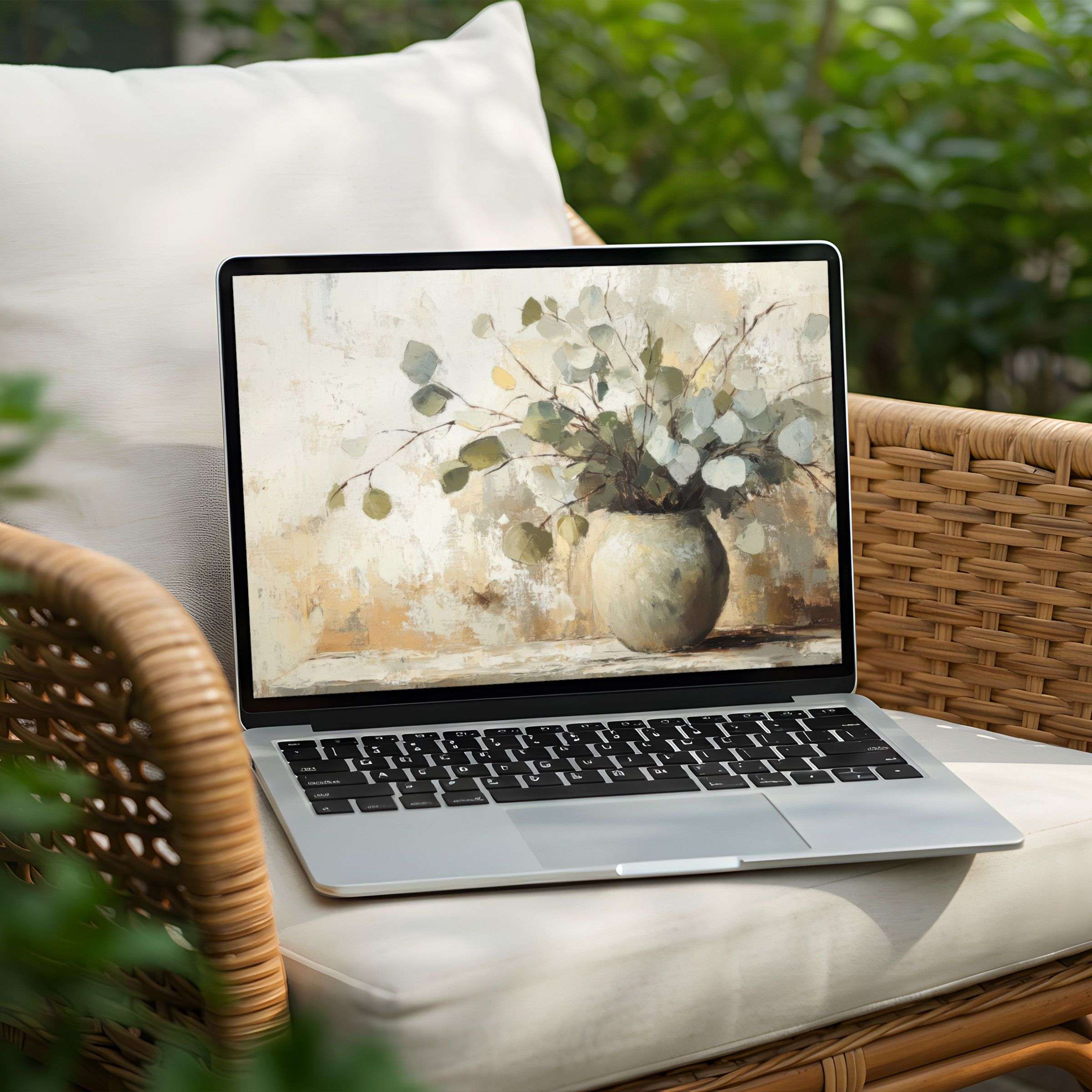 Elegant desktop background featuring muted greenery in a textured vase for PC and Laptop instant download offering tranquility and inspiration