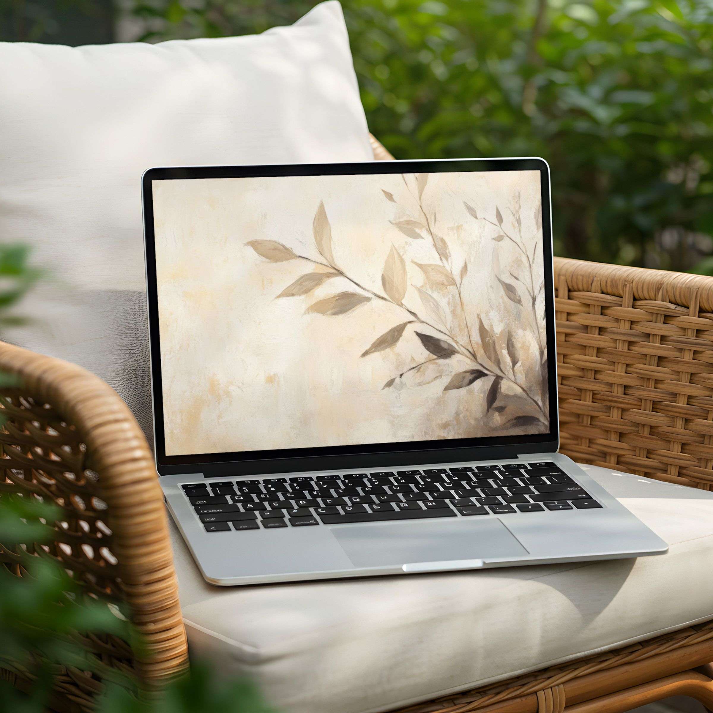 Elevate your PC or Laptop with an instant download desktop background featuring calming beige and leaf designs for mindful elegance