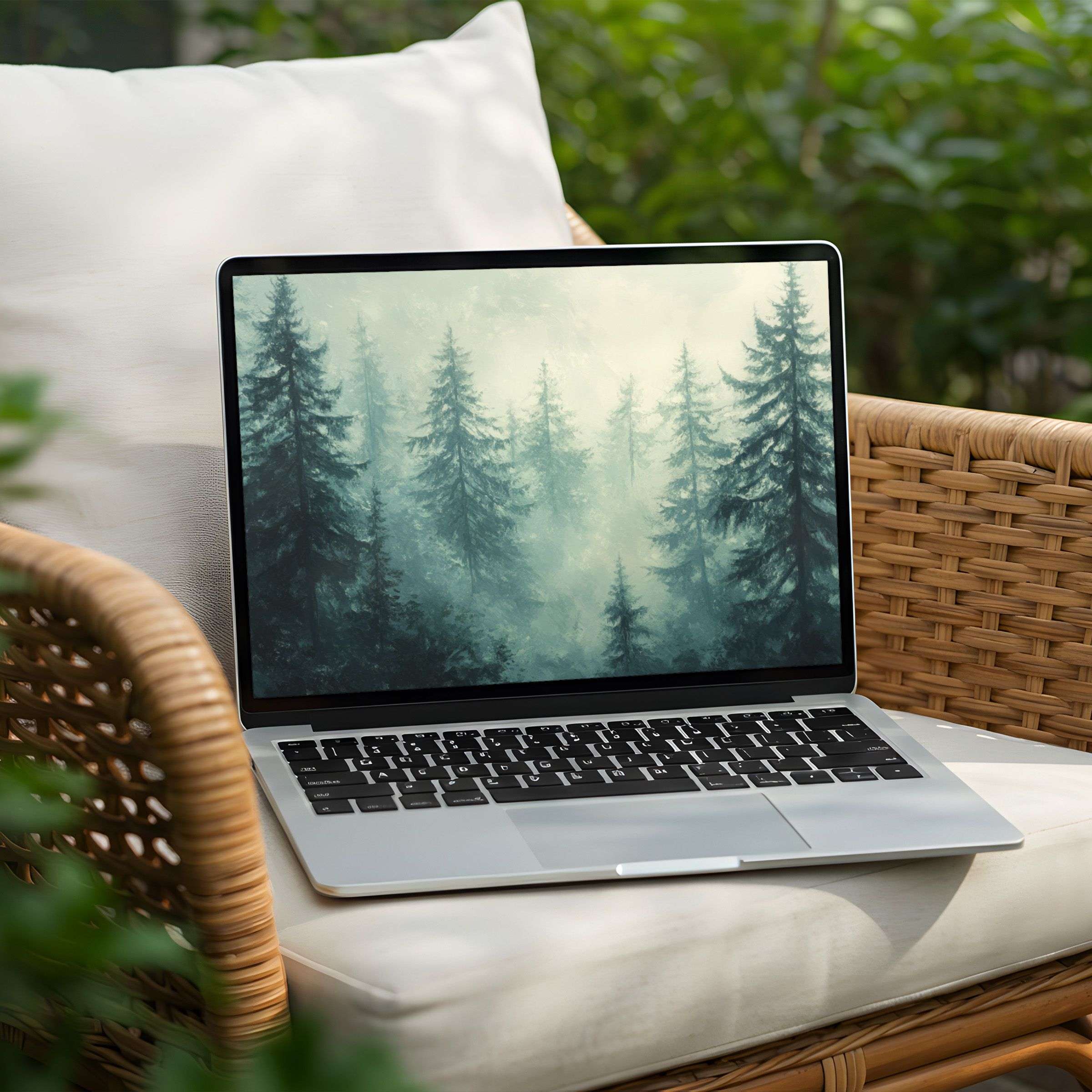 Foggy forest scene desktop background on laptop evokes calm and inspiration, perfect for instant download to enhance your PC experience