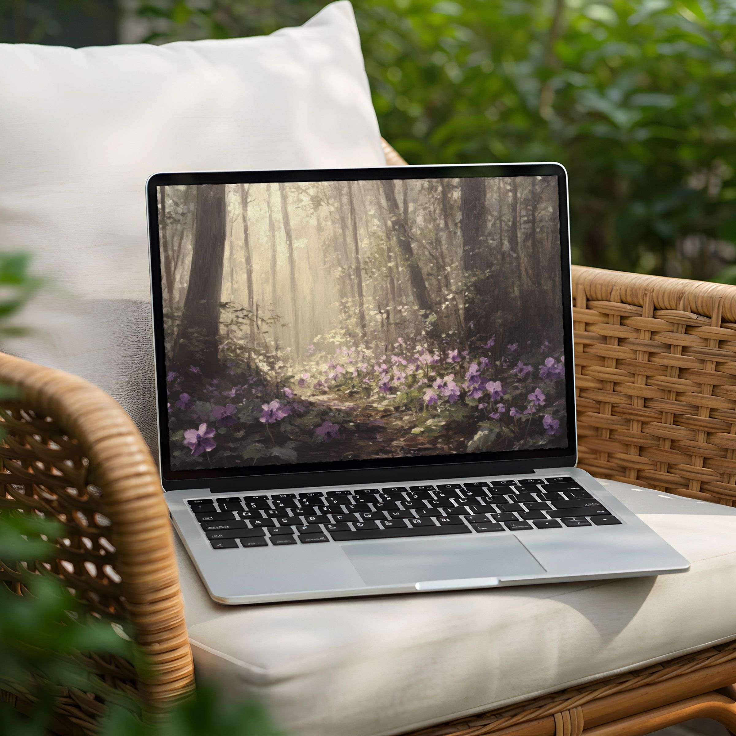 Elegant desktop background for instant download on PC or Laptop featuring a serene forest path with soft light and flowers
