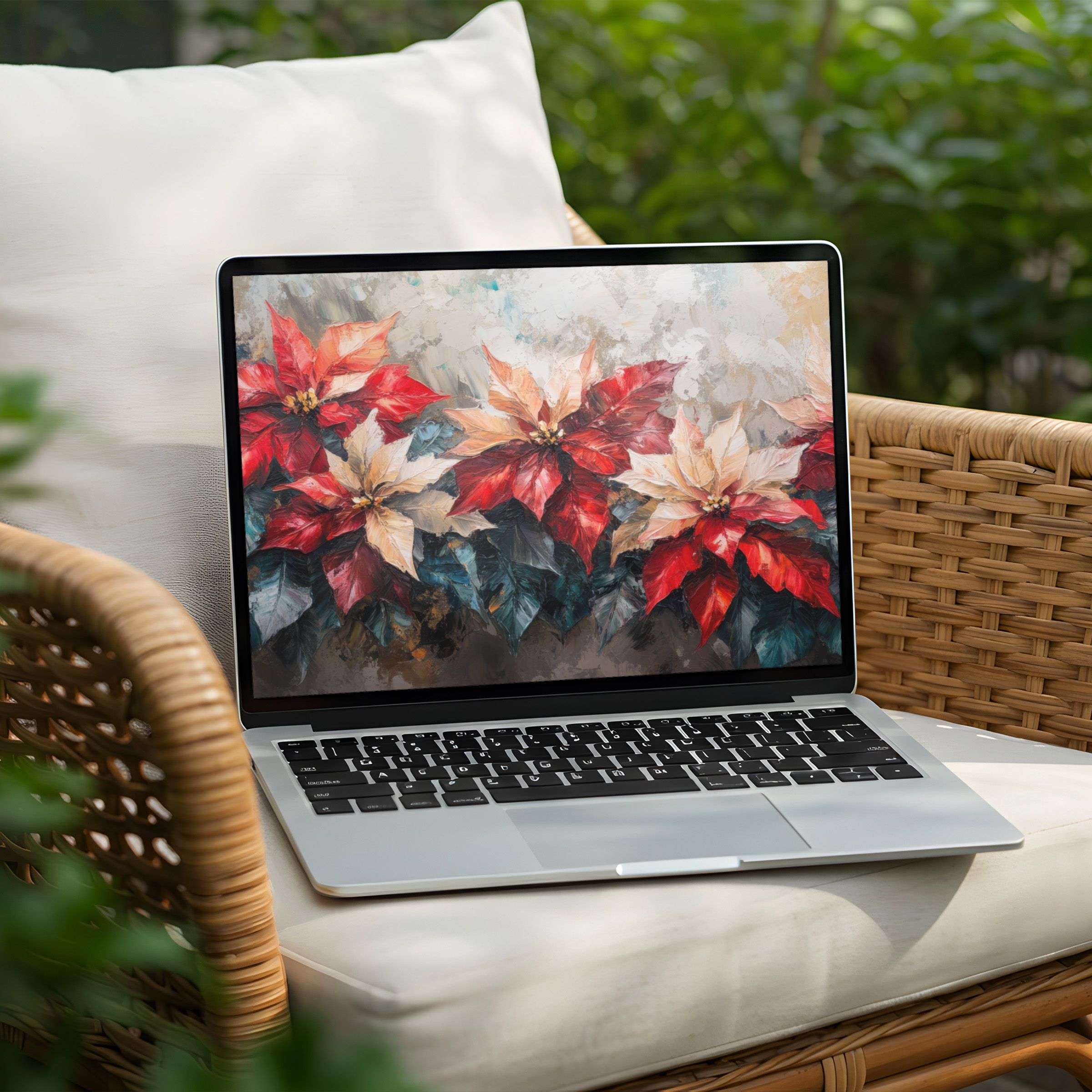 Elegant poinsettia digital art for desktop background on PC or Laptop offers instant download inspiring calm and mindfulness